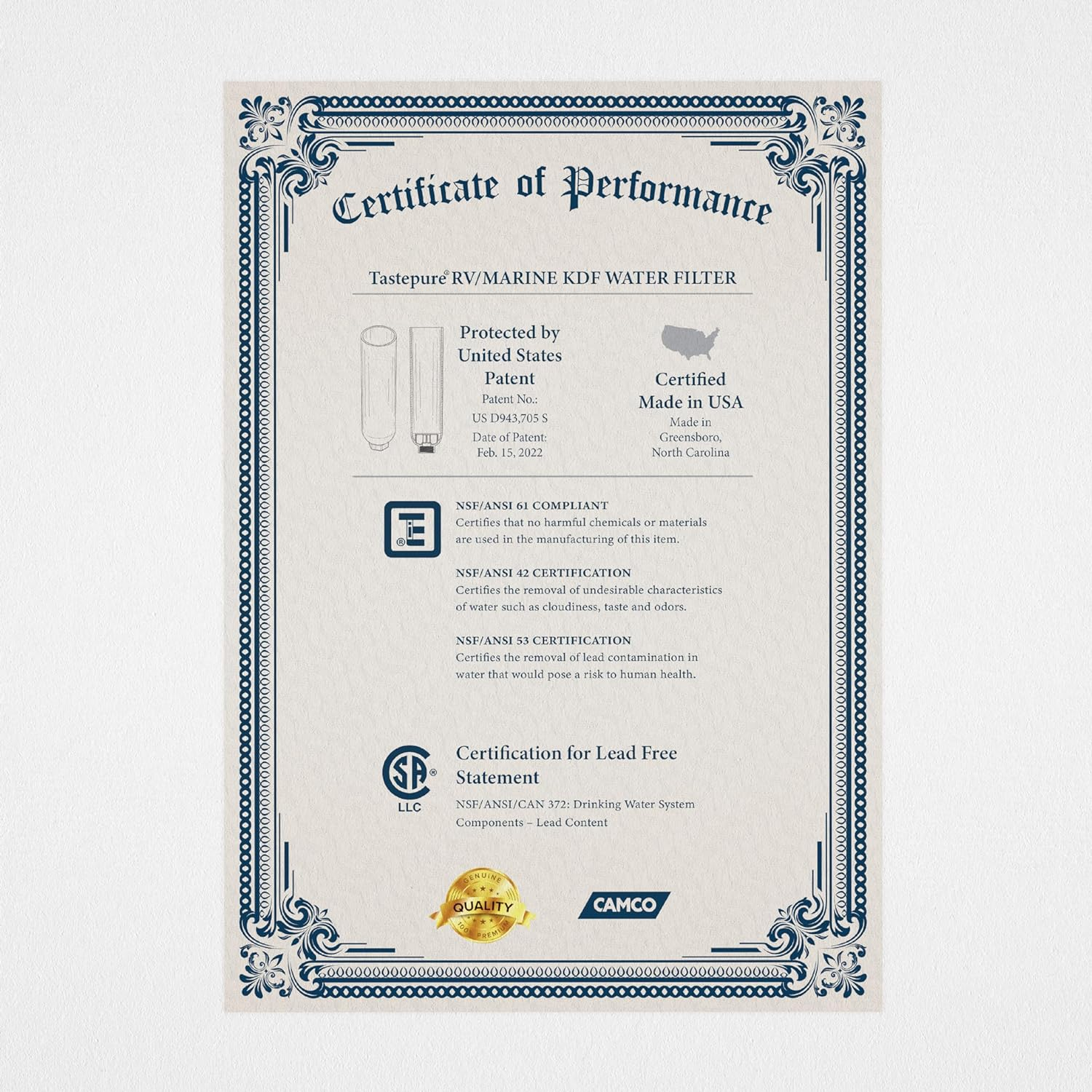 Camco Tastepure RV Water Filter - Advanced Inline with Flexible Hose Protector - GAC & KDF - Made in USA - Camping Essentials for Fresh Drinking Water (40043)