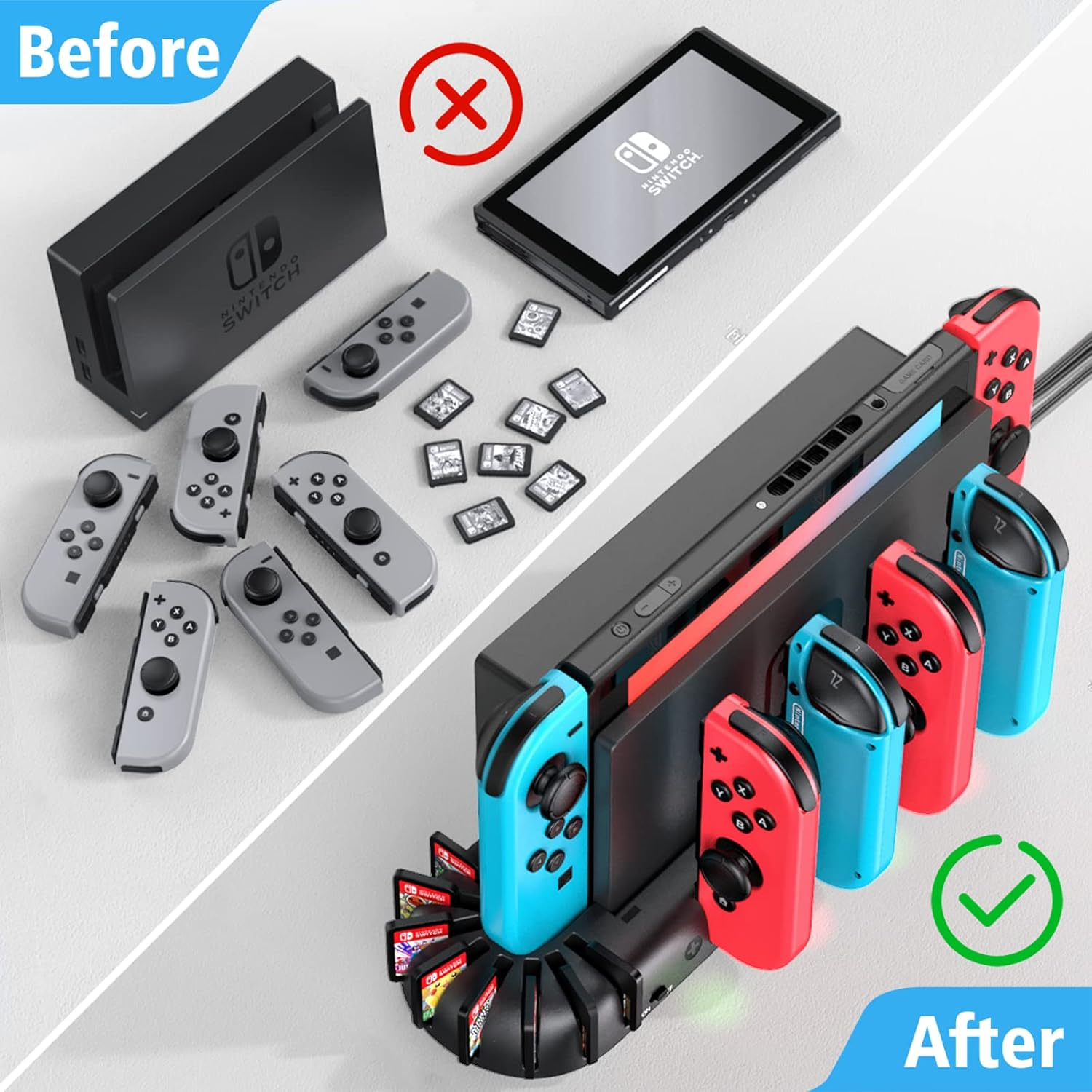 Switch Controller Charging Dock Station Compatible with Nintendo Switch & OLED Model Joycons, KDD Switch Controller Charger Dock Station with Upgraded 8 Game Storage image number 4