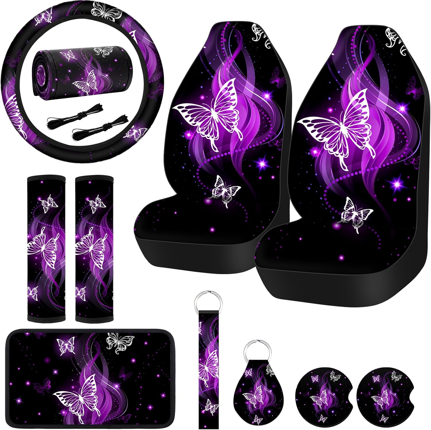 Frienda 10 Pcs Car Seat Covers for Women Accessories Interior Seat Covers with Steering Wheel Cover, Wrist Strap, Car Cup Mats, Armrest Pad, Shoulder Pad, Key Chain(Butterfly) image number 3