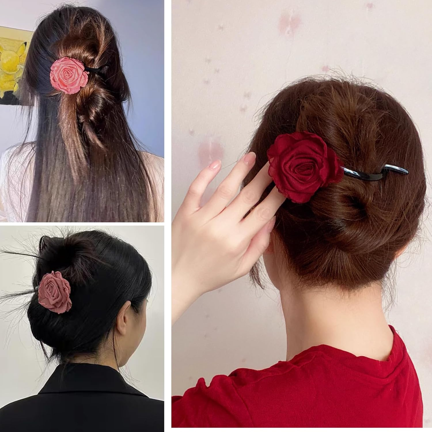 3PCS Handmade Rose Hair Ties Stretchy Floral Hair Bands Elastic Ponytail Holders for Women Girls Soft Scrunchies Hair Accessories 3 Colors image number 2