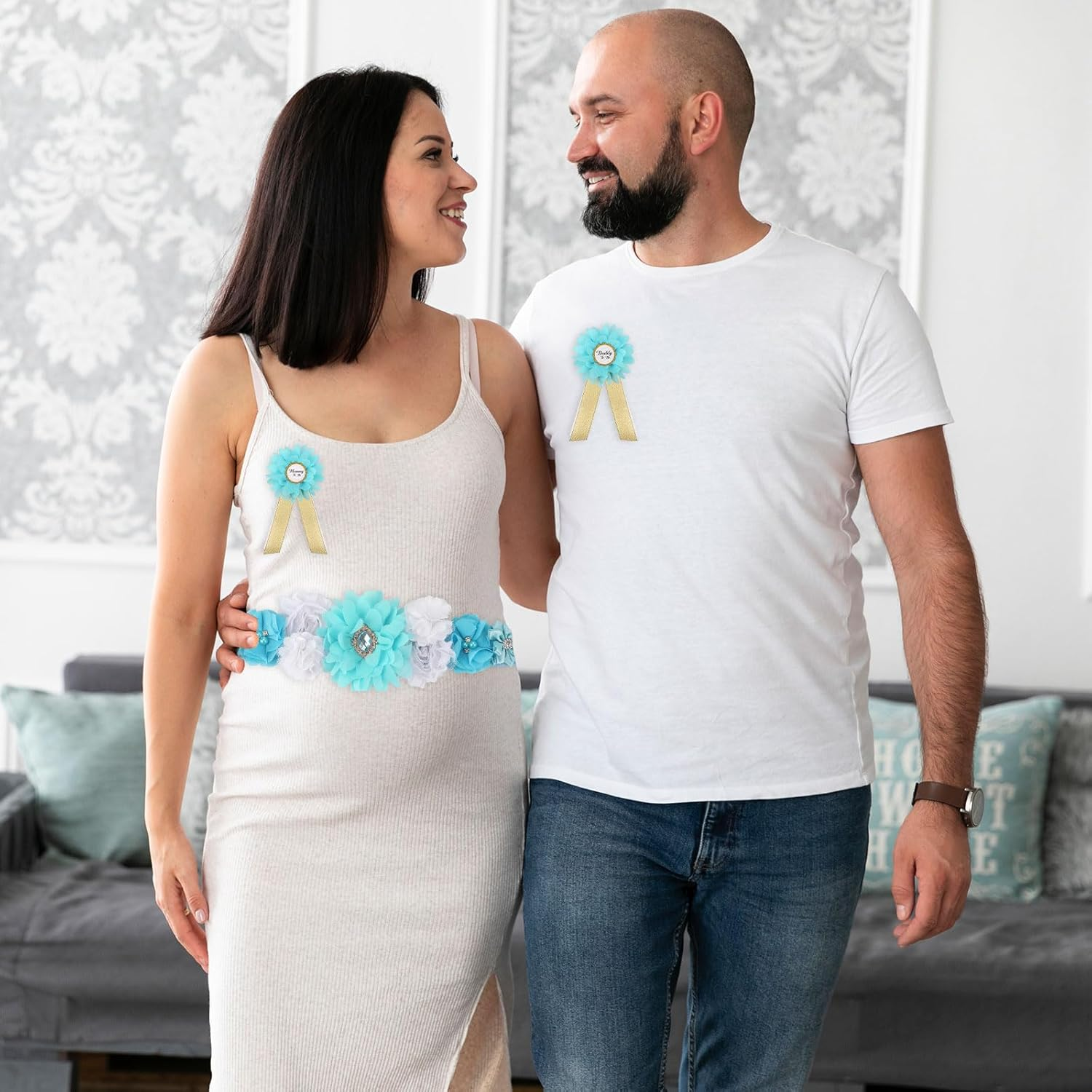 Blue Maternity Sash Corsage Set &ndash; Elegant 3PCS Baby Shower Floral Belly Band with Mommy to Be Daddy to Be Corsages for Gender Reveal and Pregnancy Celebration image number 3