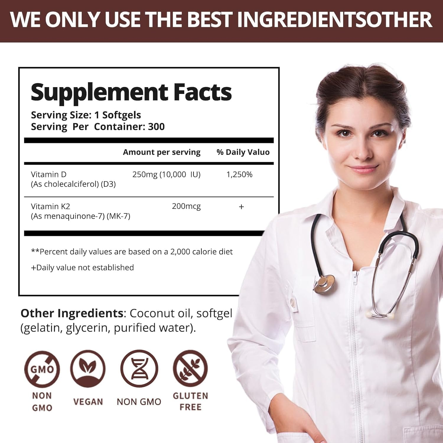 Vitamin D3 K2 with Coconut Oil (300 Softgels) | 10,000 IU D3 + 200 Mcg K2 (MK-7) | Non-Gmo, Soy-Free, Easy to Swallow image number 1