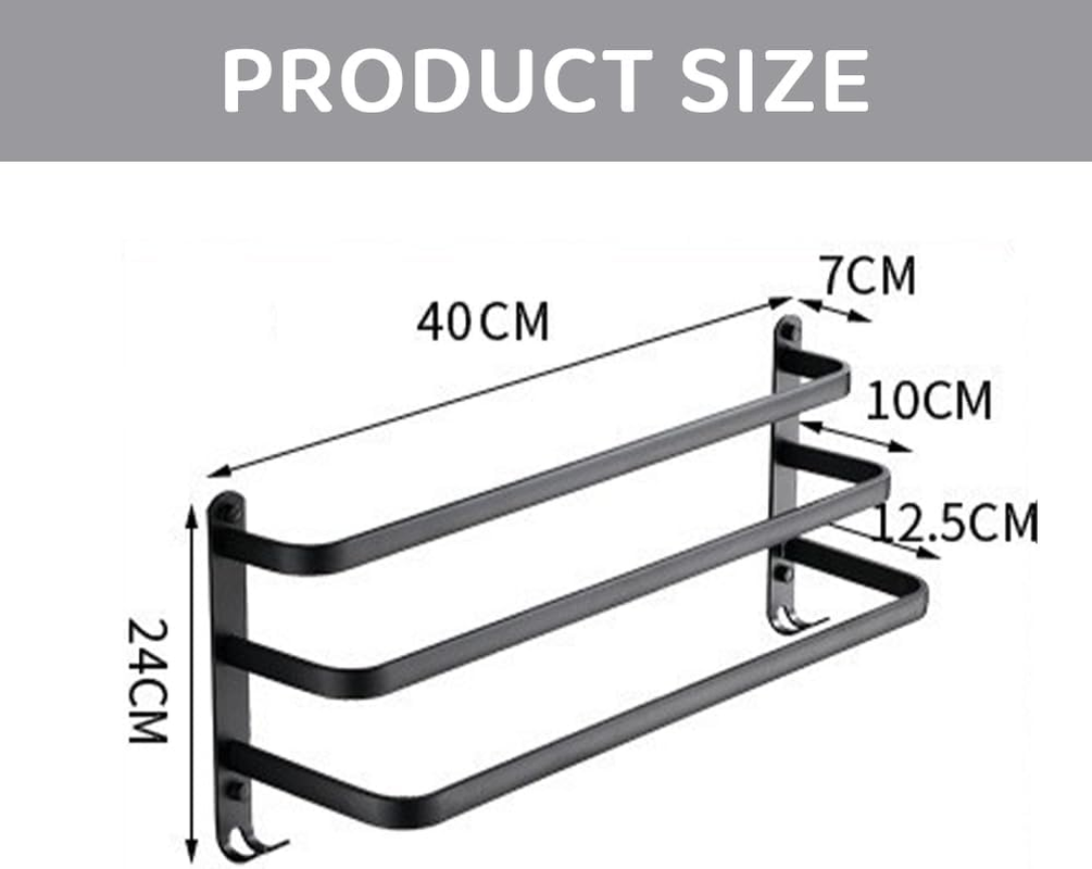 3-Tier Wall-Mounted Bath Towel Rack &ndash; 40 CM Ladder-Style Towel Holder with 2 Hooks, Stainless Steel Bathroom Towel Bar, Durable Black Finish image number 5