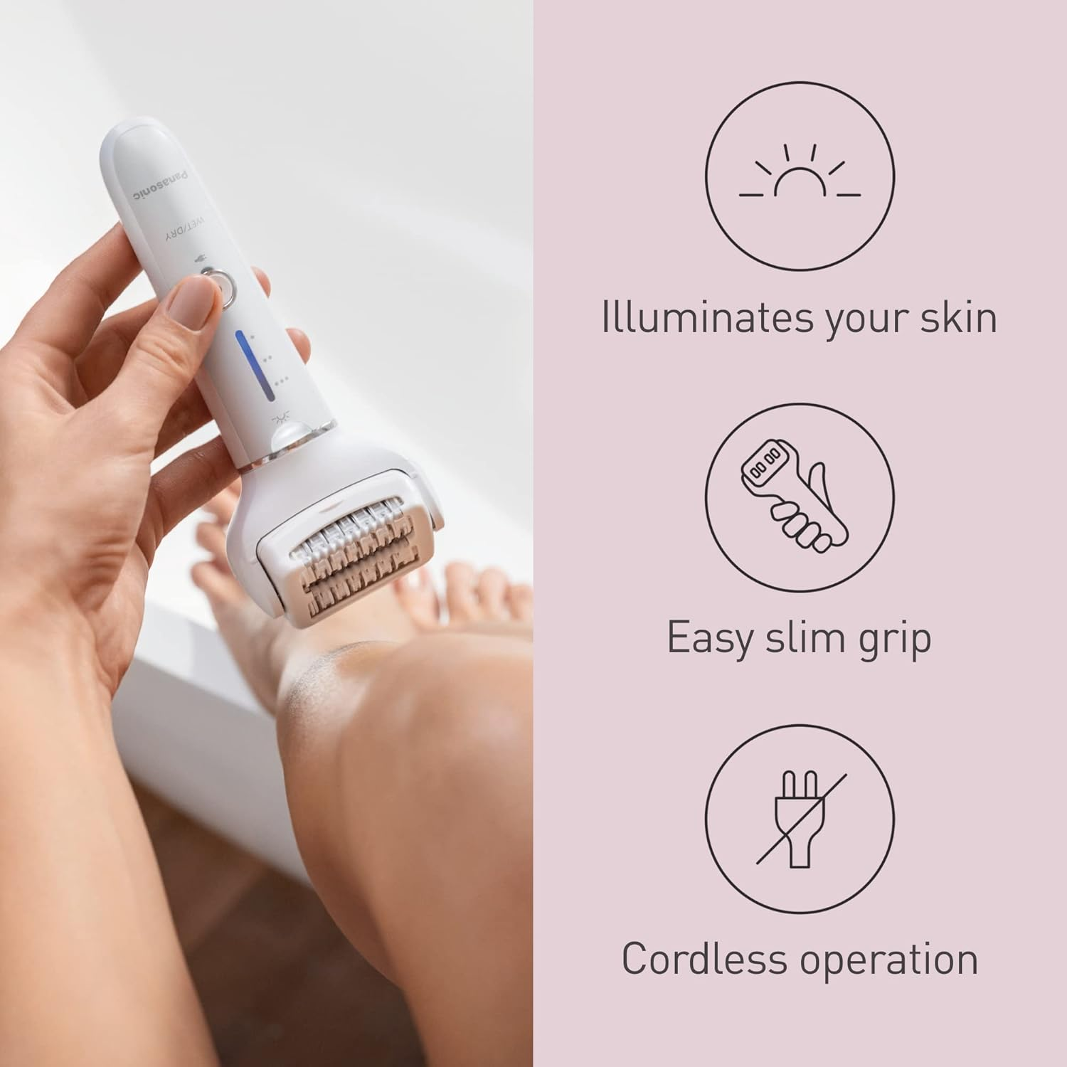 Panasonic Wet/Dry Cordless Epilator with Double Disc Technology, 3 Speed Settings, Rechargeable Battery, 2 Attachments, Flexible Pivoting Head, Pressure Sensor, LED Light, 0.5Mm Hair Removal, Easy Grip Handle (ES-EY31-W541) image number 4