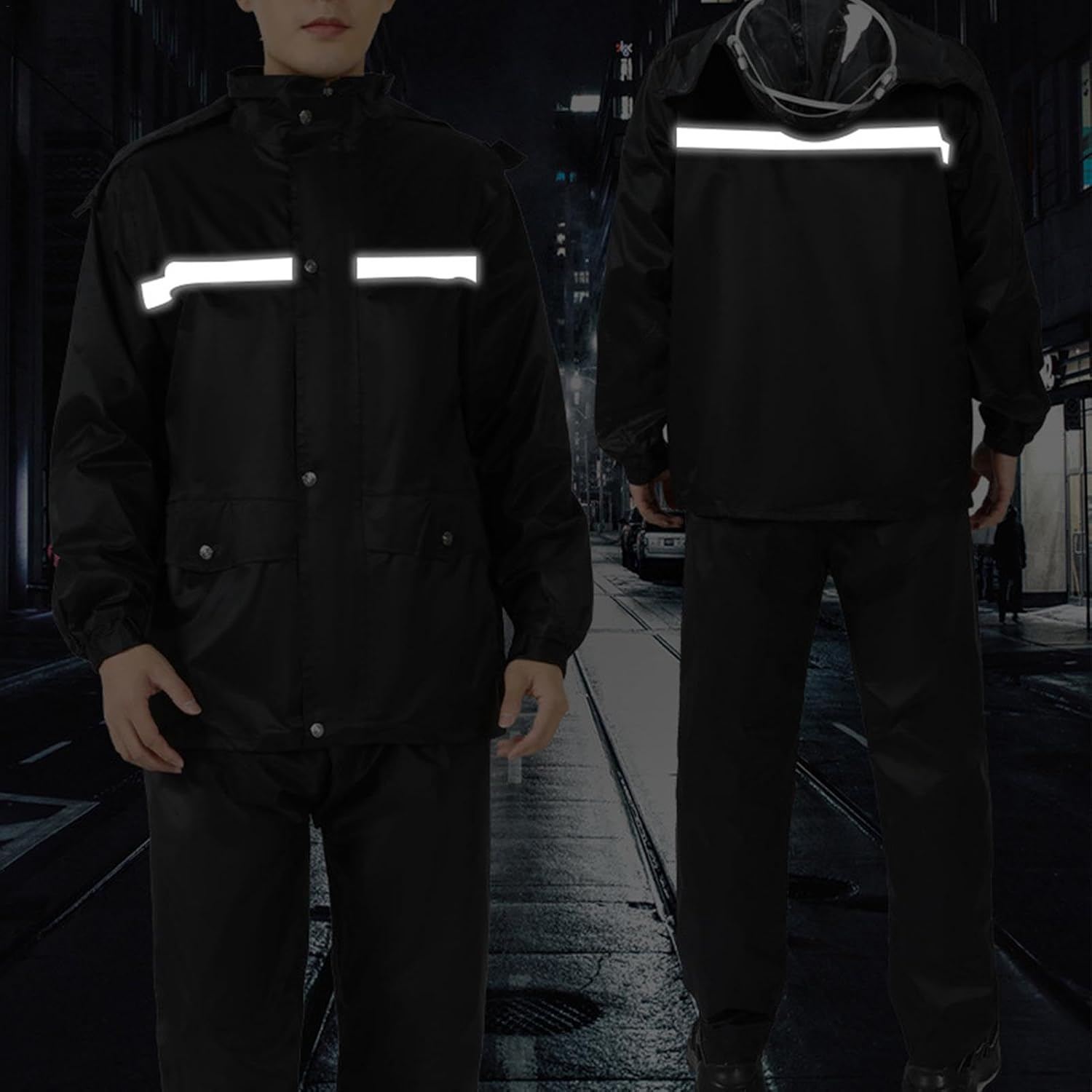 Motorcycle Raincoat, Waterproof Rain Gear Suit, Hood Rain Jacket and Rain Pants, Breathable Reflective Rainwear for Men & Women image number 1