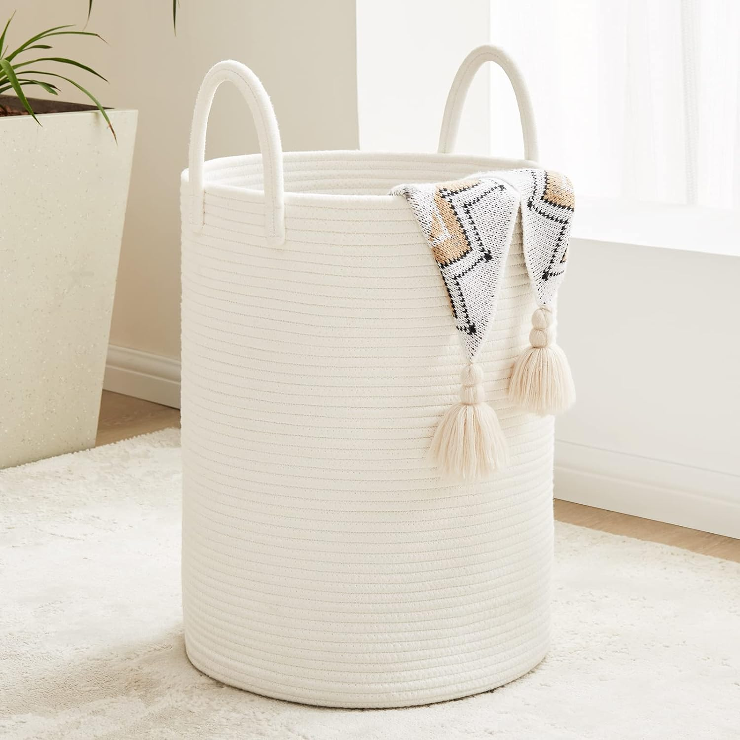 Fiona'S Magic White Woven Rope Laundry Basket, 58L Tall Basket for Blanket Storage, Large Baby Nursery Hamper Laundry, Decorative Clothes Bedroom, Living Room image number 1
