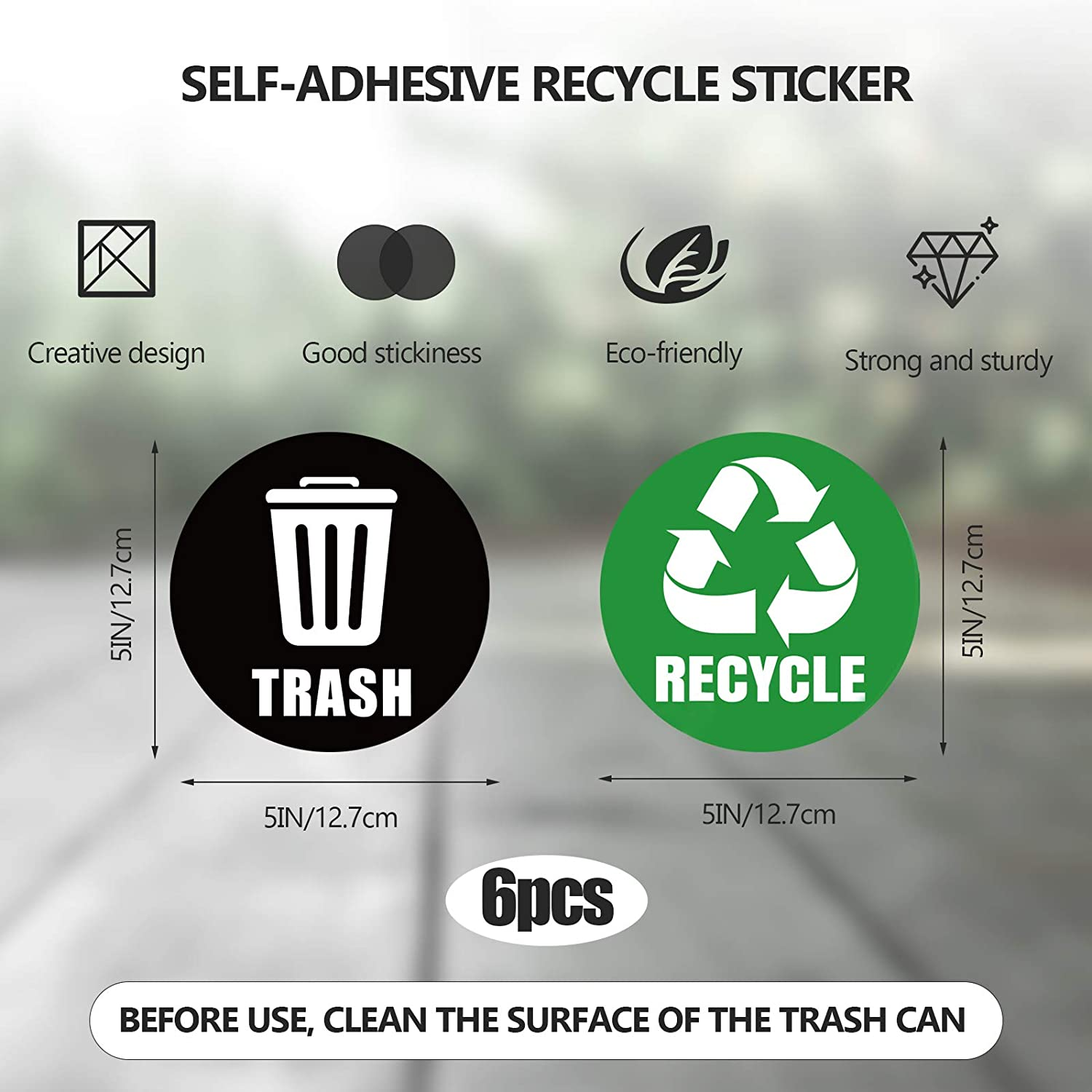 Self-Adhesive Recycle & Trash Bin Logo Stickers - round Signs for Trash Cans & Garbage Containers (6PCS) - Waterproof for Kitchen