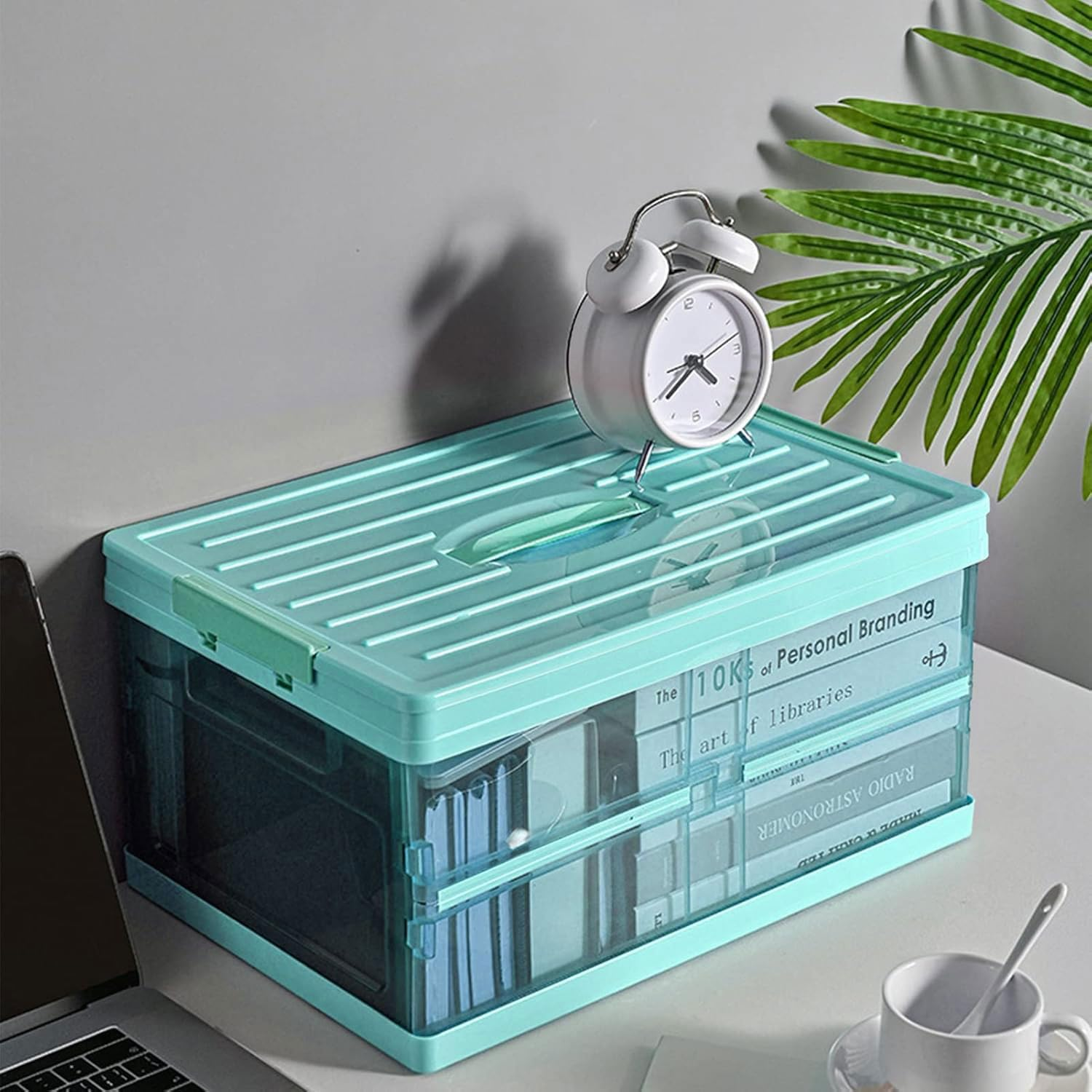 Clear Foldable Storage Bins with Lids Plastic Collapsible Box, Stackable Clear Latch Storage Box with Handle, Folding Plastic Containers, Folding Latching Crate for Closet Home Kitchen Car Trunk, Blue image number 5