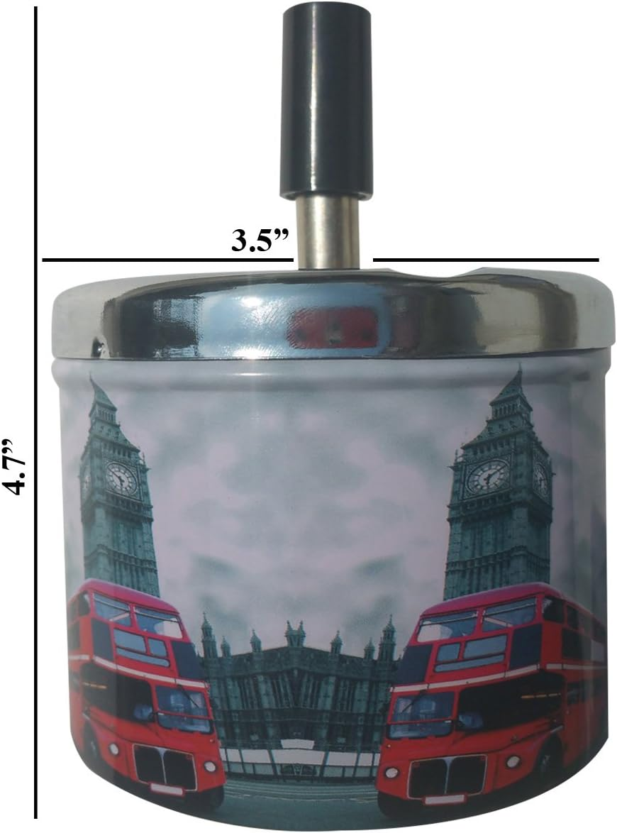 Coralpearl Smokeless Metal Tin Push down Ashtray for Cigarettes Cigars with Spinning Tray Lid Covered Portable Ash Tray Bucket for Home Tabletop,Patio,Sand,Car,Auto,Outdoors,Indoors (British 1) image number 4