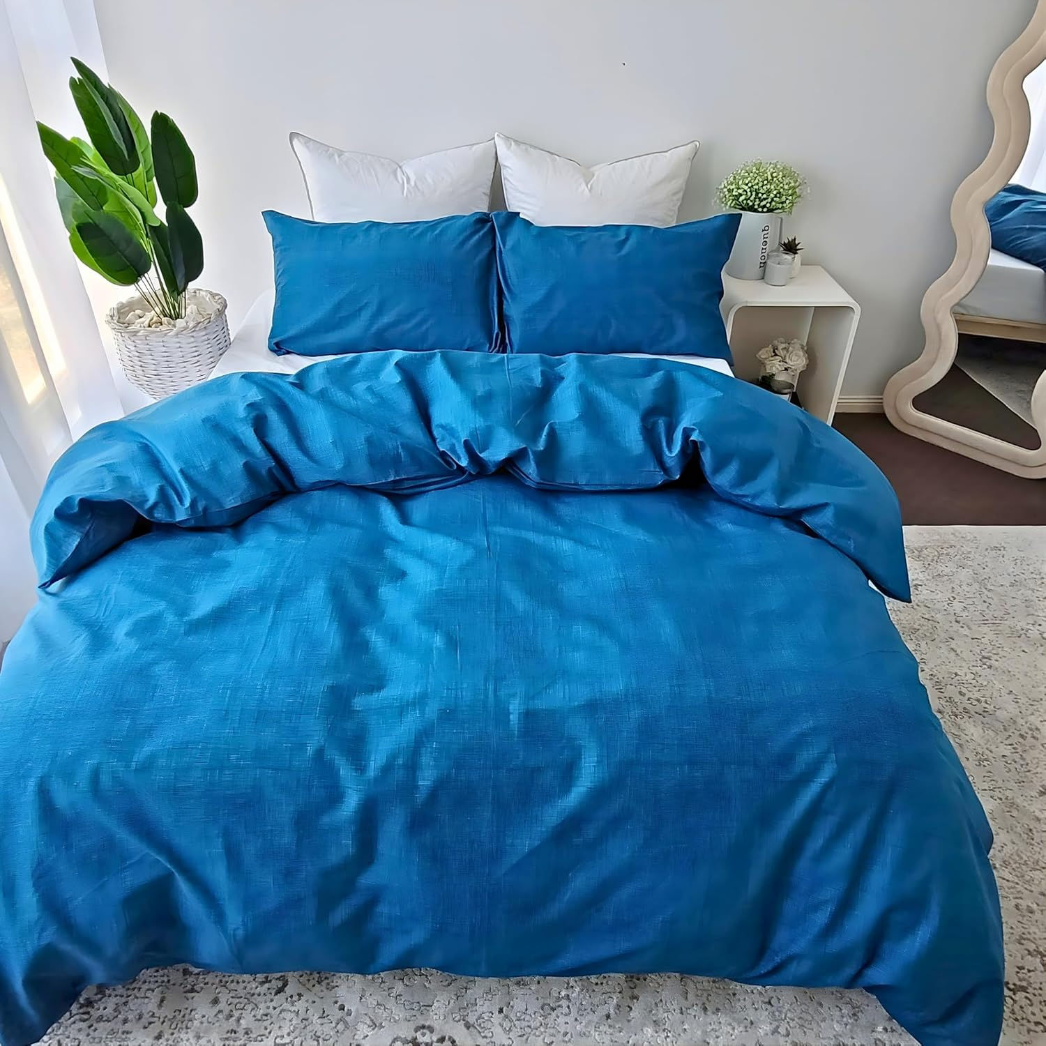 Queen Bed Quilt Cover Set - Blue Doona Cover - 100% Cotton Bedding & Linen - Textured Print Bedding Duvet Cover Sets (3Pcs, Queen) image number 2