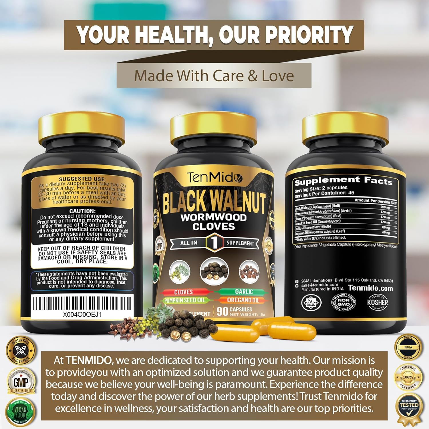Black Walnut, Wormwood, Cloves Supplements - 6In1 Blend with Pumpkin Seed, Garlic, Oregano - Gut & Digestive Health Support - 90 Vegan & Non-Gmo Capsules image number 4