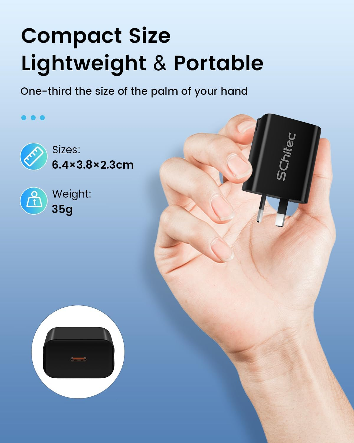 2-Pack SCHITEC 20W USB-C Charger with 1 M USB-C Cable, PD 3.0 Fast Wall Adapter, Compatible with Iphone 15/16/16 Pro Max, Ipad, Galaxy S25, Pixel 10 Pro, Galaxy A56(Black) image number 4