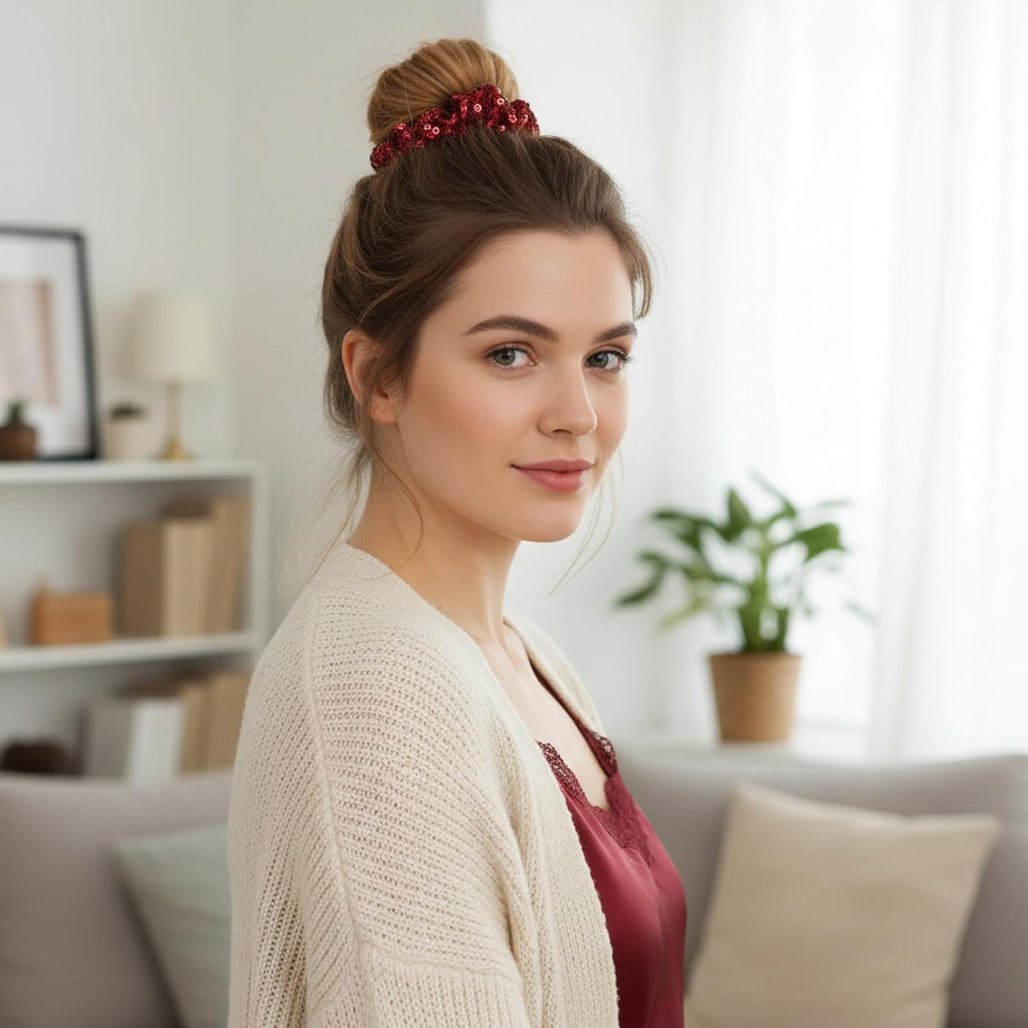 Pack of 2 Glitter Hair Bobbles Women'S Sequin Hair Scrunchies Glitter Red Wine Girls Sparkling Ponytail Holder Sequins Hair Accessories Elastic Hair Bands for Birthday Carnival Theme Party image number 4