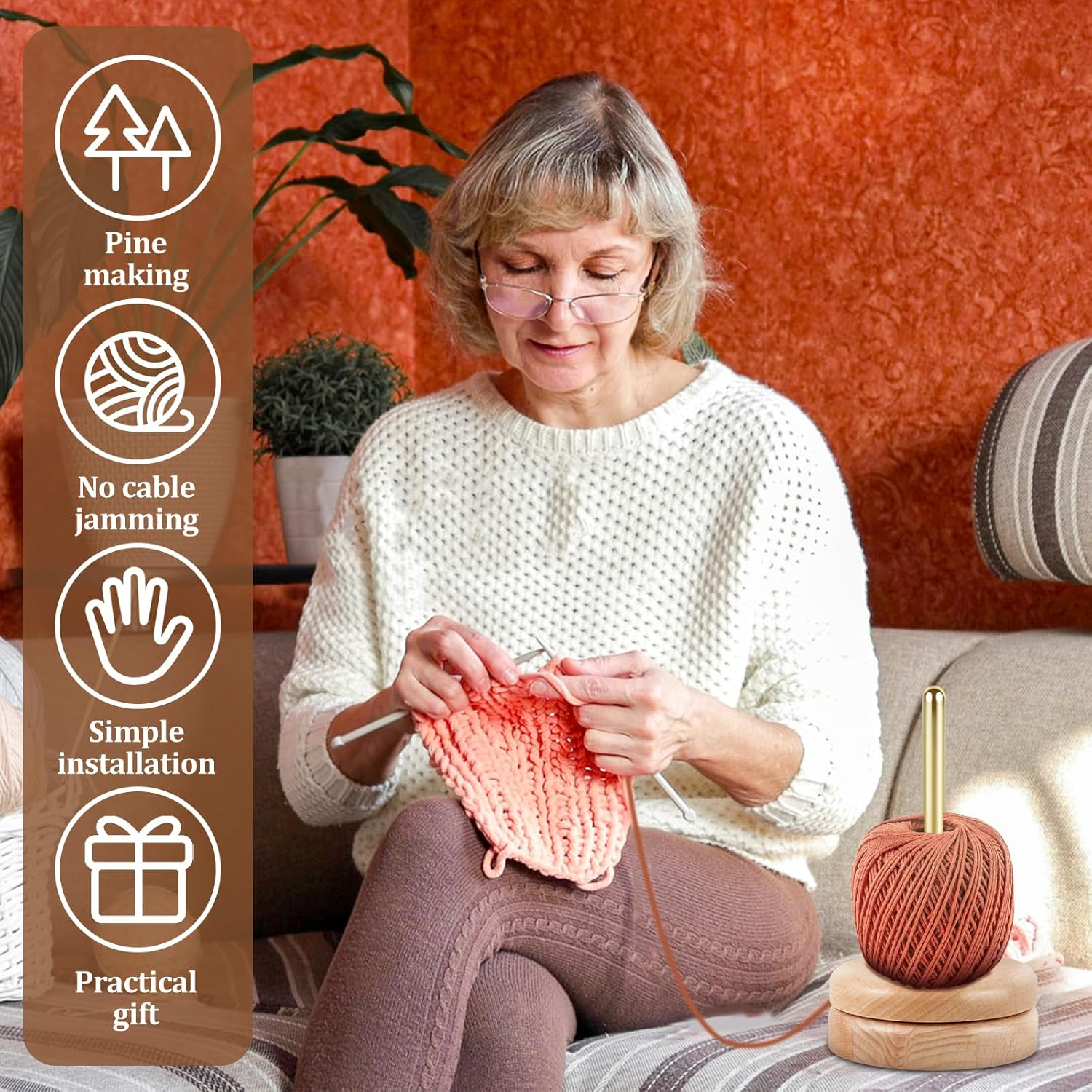 Wooden Yarn Holder Yarn Spindle Dispenser Stable Beech Wood Yarn Skein Spinner Rotatable Revolving Yarn Ball Stand Yarn Ball Holder Dispenser for Crocheting Knitting Yarn image number 2