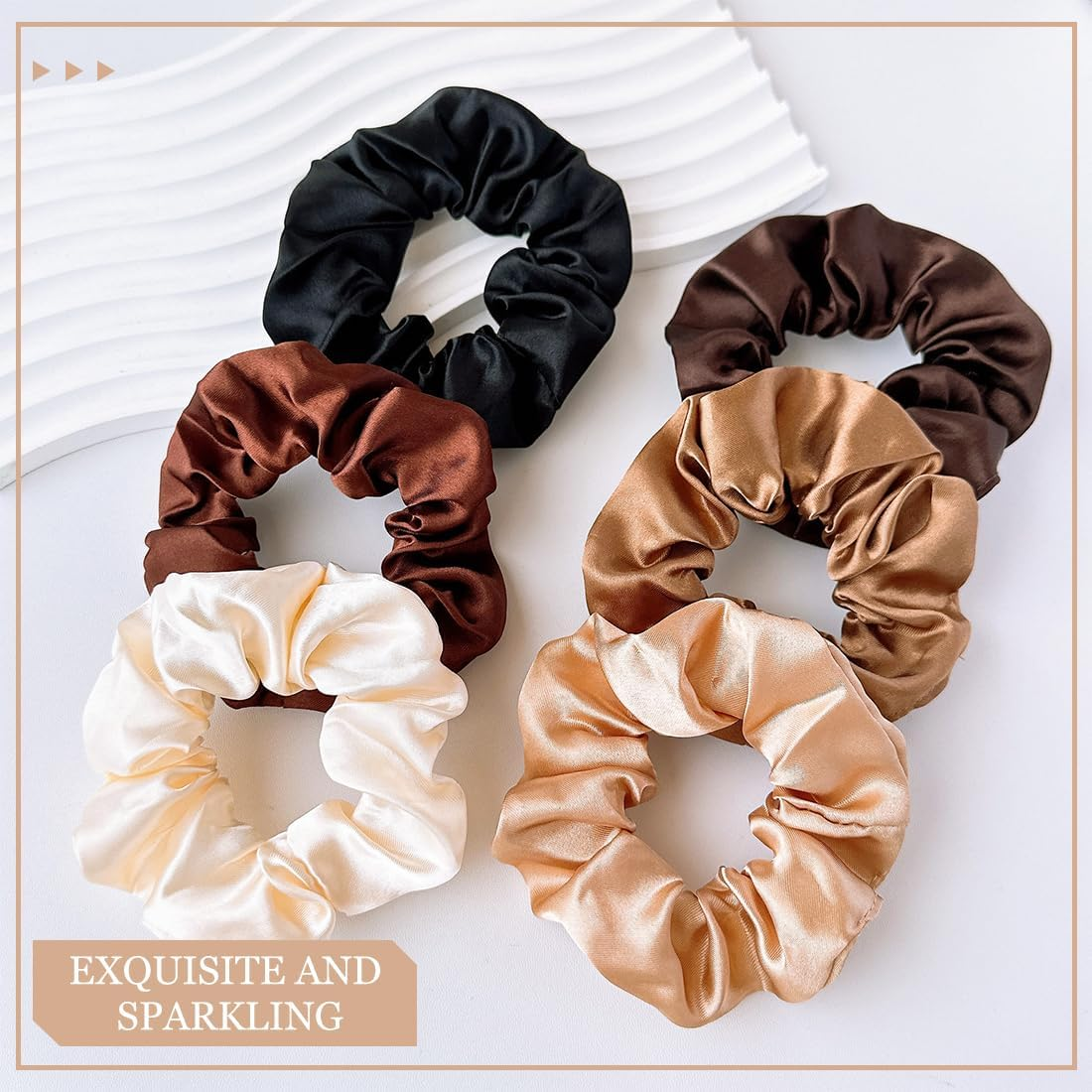 Pack of 6 Satin Hair Scrunchies for Women, Premium Velvet Hair Bobbles, Plain Elastic Thick Bands, Hair Scrunchies Soft Elastic Silk Skrunschis Large image number 1
