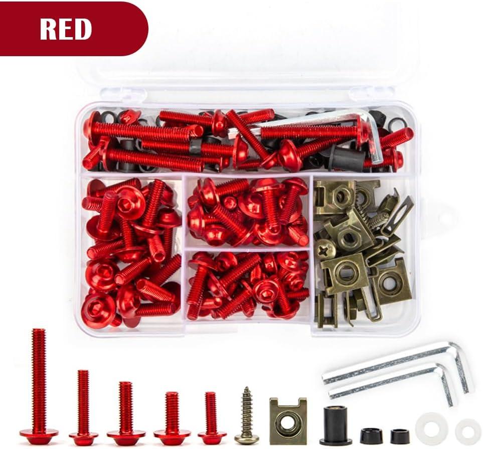 177PCS Motorcycle Fairing Bolt Kit,M5 M6 Aluminum Screws Bolts Fasteners of Fairings for Motorcycle Accessories,Universal Motorcycle Windshield Bolts,Professional Auto Parts (Red) image number 1