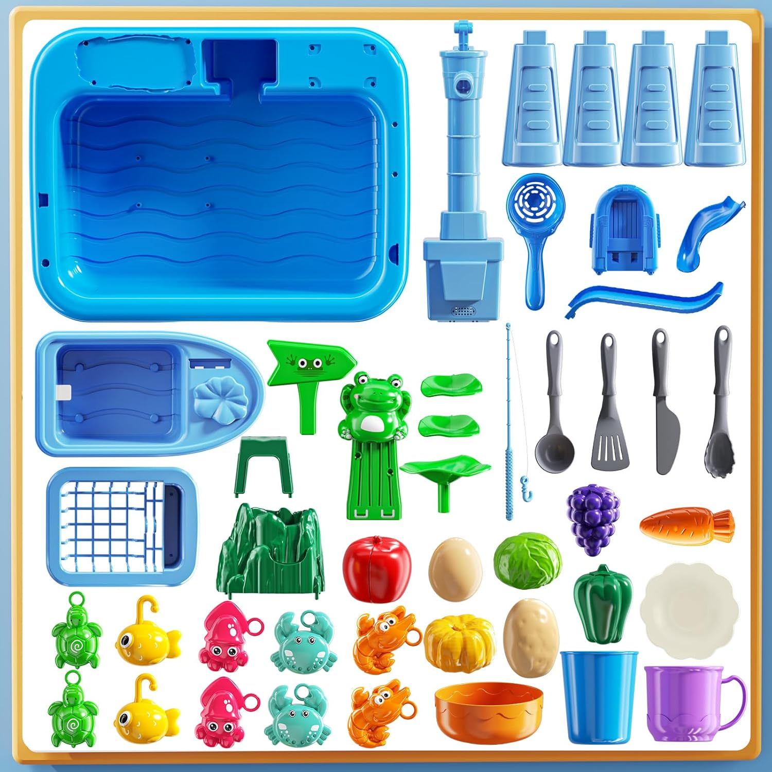 JUKUDAHU 4-In-1 Kids Kitchen Sink Toy for Toddlers 2 3 4 5 6 Years Old - Play Sink with Running Water, Water Table with Detachable Legs, Fishing Game, Pretend Play Dishwasher Gifts for Boy Girl(Blue) image number 4