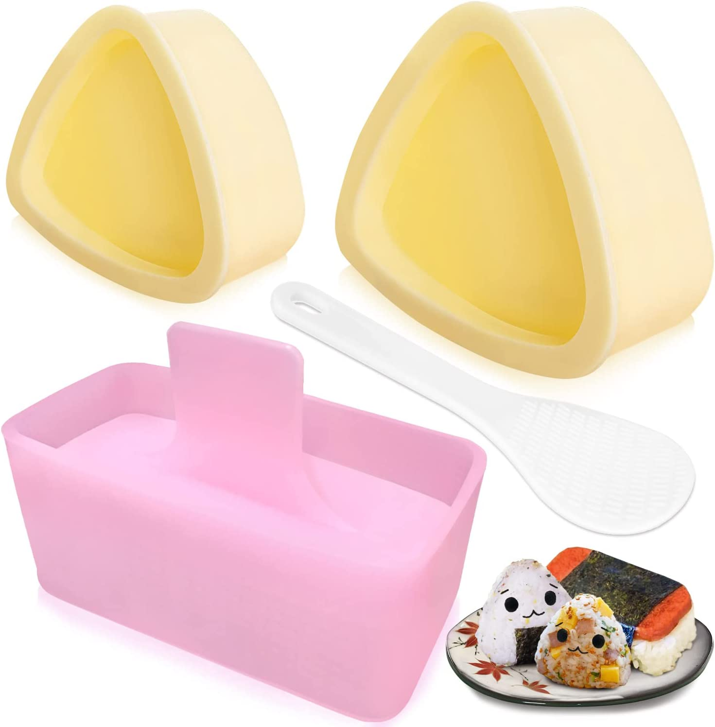 3Pcs Onigiri Mold, Rice Mold Kit, Triangle Rice Ball Molds Maker Sushi Molds, for Non Stick Spam Musubi Maker Press, for Kids Lunch Bento and Home Diy(Color:Pink and Yellow) image number 3