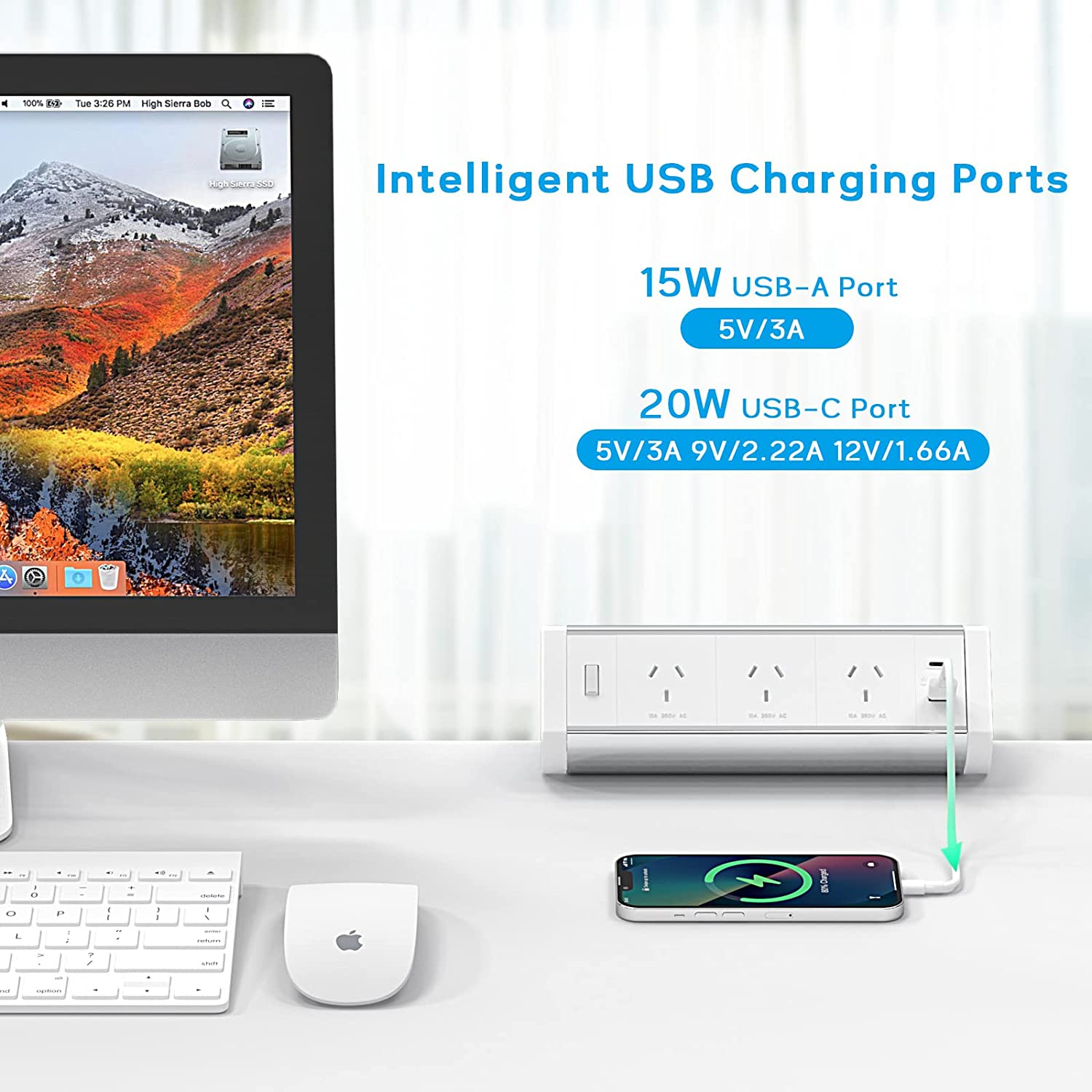 Desk Power Board, Haylink Aluminium Alloy Clamp Powerboard with USB C, 3 Outlets Desk Power Strip with Switch, Desktop Mounted Power Board Connect 3M Extension Cord for Home Office image number 6