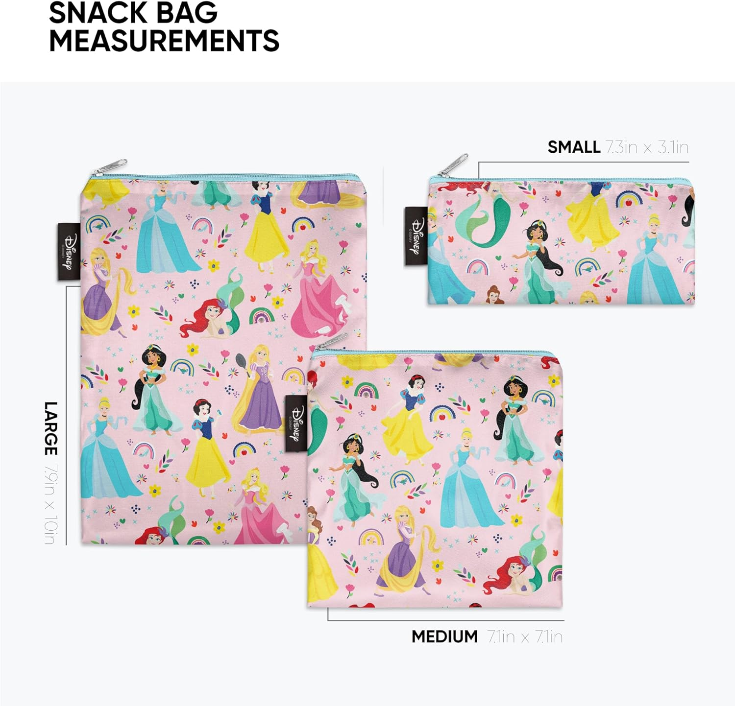 Simple Modern Disney Reusable Snack Bags for Kids | Food Safe, BPA Free, Phthalate Free, Polyester Zip Pouches | Washable & Refillable Sandwich Bag | Ellie Collection | 3 Pack | Princess Rainbow image number 2