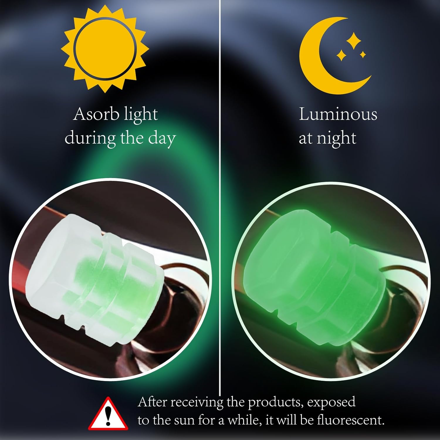 8PCS Fluorescent Tire Valve Stem Caps, Luminous Car Tire Air Cap, Corrosion Resistant Leak-Proof Wheel Valve Cover, Universal for Cars, Trucks, Bikes, Motorcycles, Bicycles(Green) image number 1