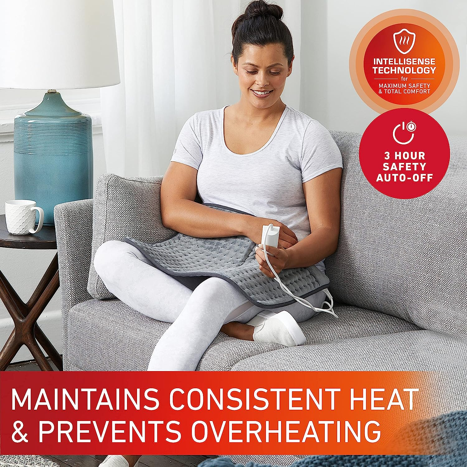 Sunbeam Multipurpose Electric Heating Pad XL |38X50Cm, Wide Coverage, 5 Heat Settings to Soothe Muscles, Fast Heat-Up, Consistent Temperature, Soft Washable Fabric, Wellness Product, Grey (HPM5100) image number 6