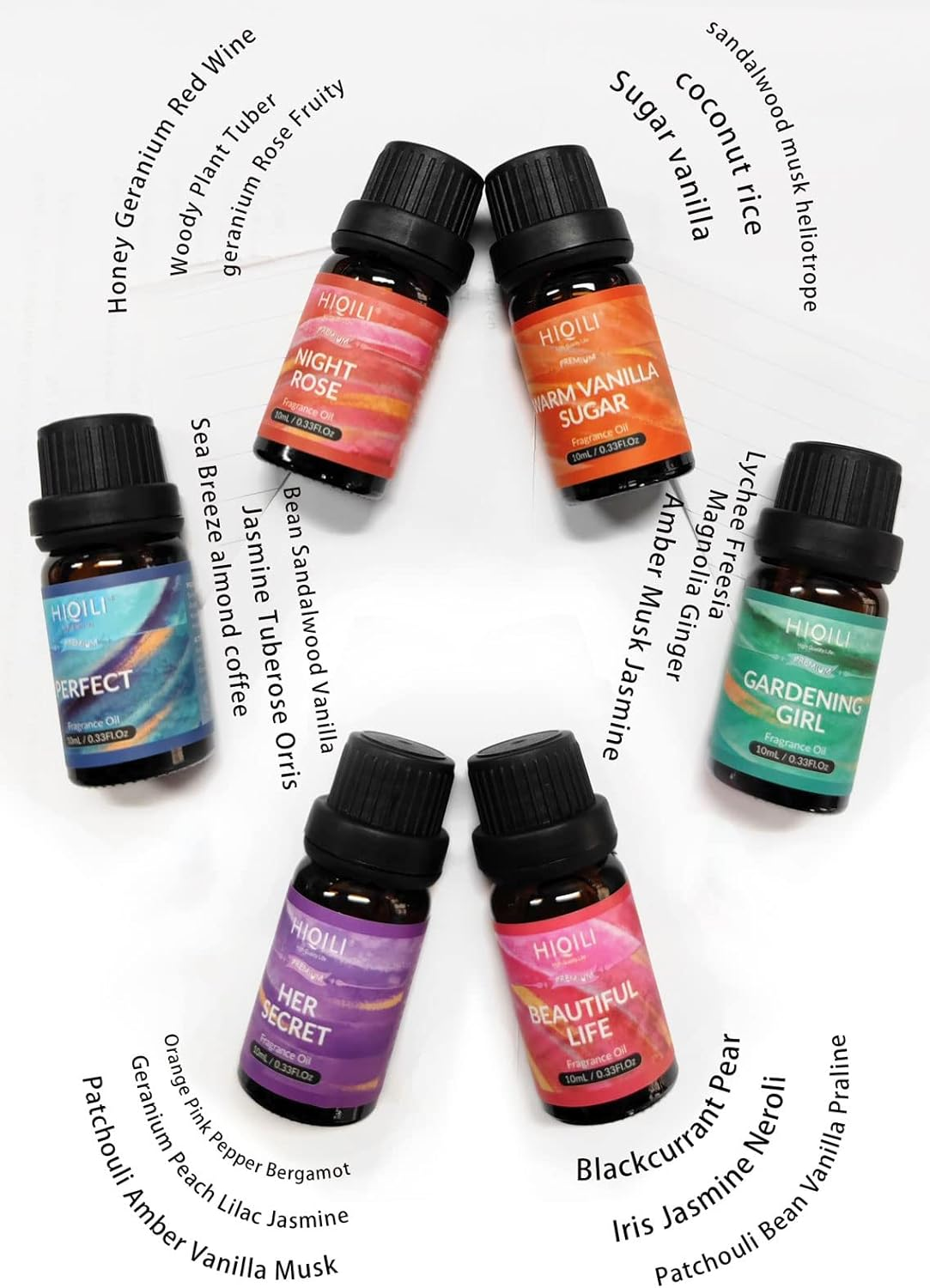 HIQILI Women Fragrance Oil 6X10Ml, Essential Oils for Candle Scents Soap Making & Diffuser, Sweet Flowers Scented Oil Set for Aromatherapy Slime Wax Home Car image number 2