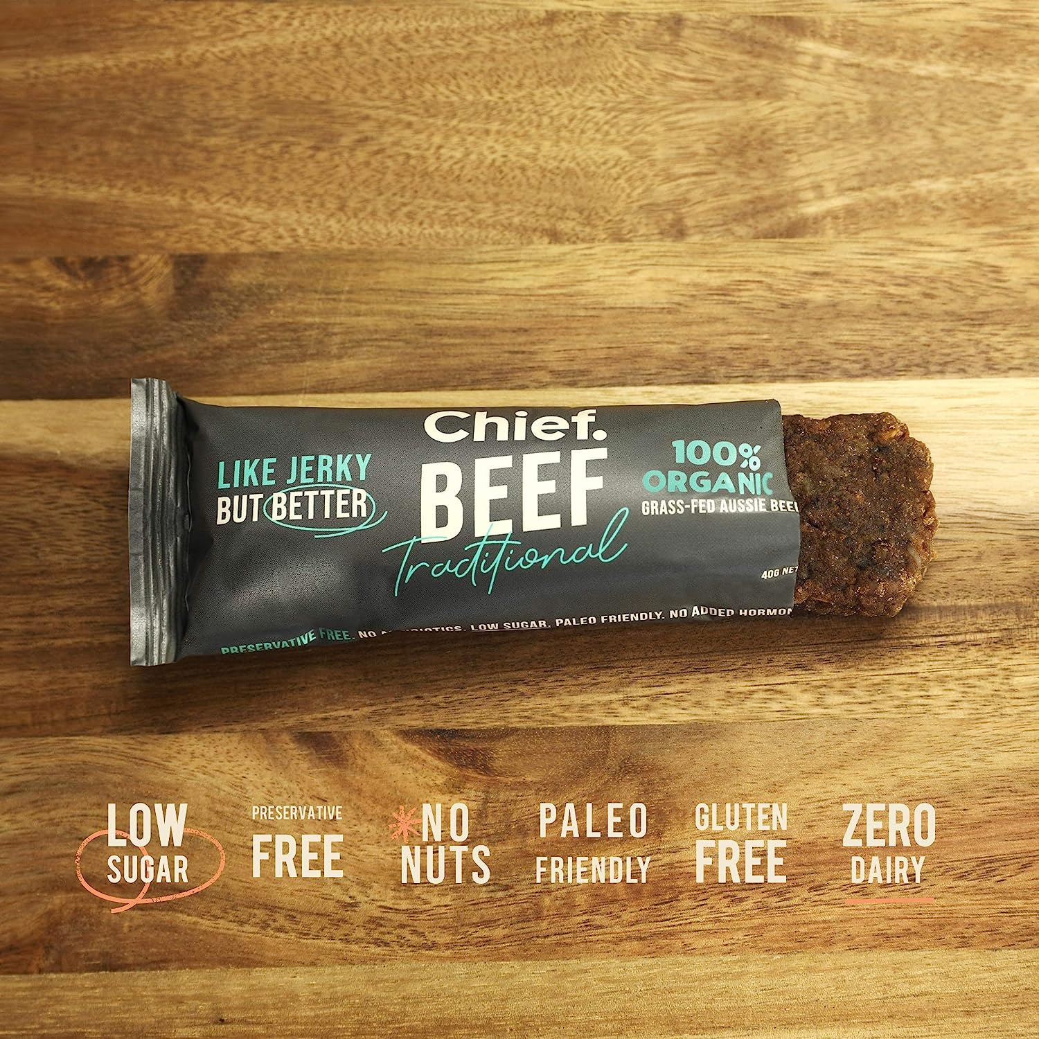 Chief Beef Bar, Traditional Flavour, Organic Grass-Fed Aussie Beef, Gluten Free & Nut Free, Paleo Friendly & No Added Sugar, 12 Pack image number 3