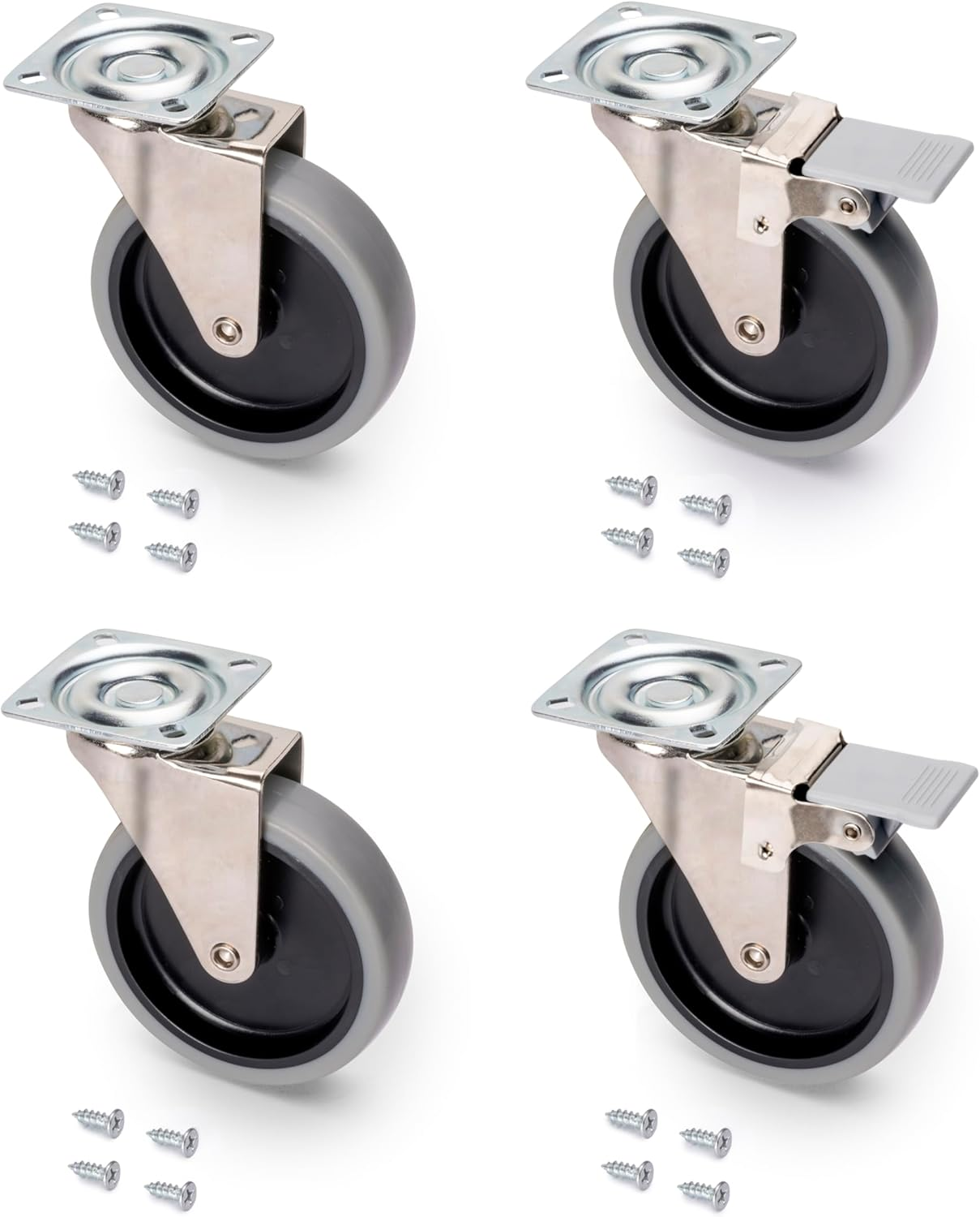 Emuca - Pack of 4 Grey Swivel Castors for Furniture (2 with Brake and 2 without Brake) 50Mm(1,96 Inch) Diameter with M8X15 Bolt and Ball Bearings