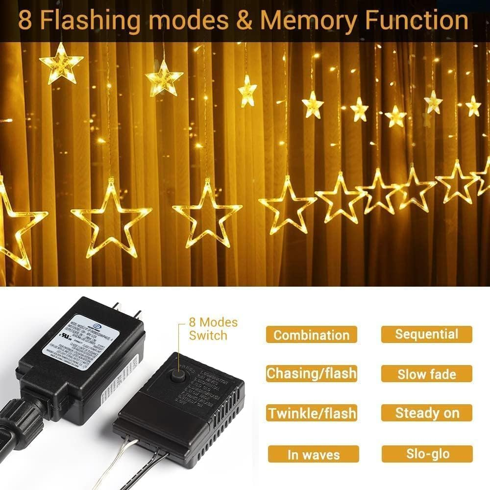 Quntis Christmas Fairy Lights - 138 LED 12 Star Connectable Curtain Window Lights with 8 Mode Indoor Waterfall Light Hanging Backdrop for Bedroom Wedding Party Wall Decoration, Warm White image number 4