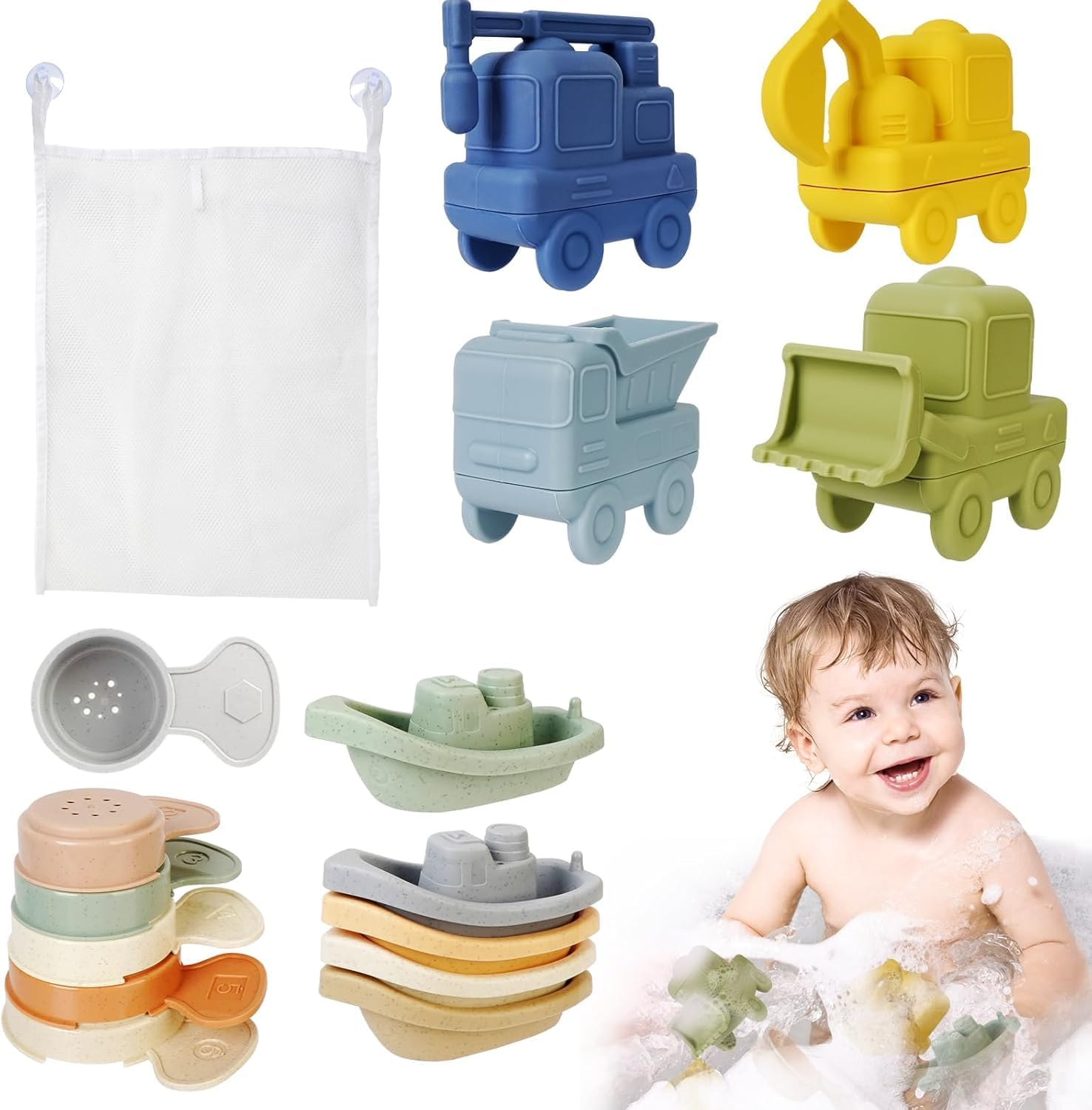 Silicone Baby Bath Toys, 15 Pcs Infant Squirty Bathtub Toys, Floating Bath Toys with Bath Boats/ Stacking Cups/ Car Water Spray Toys/ Storage Bag for 1 2 3 4 Boys Girls Kids image number 3