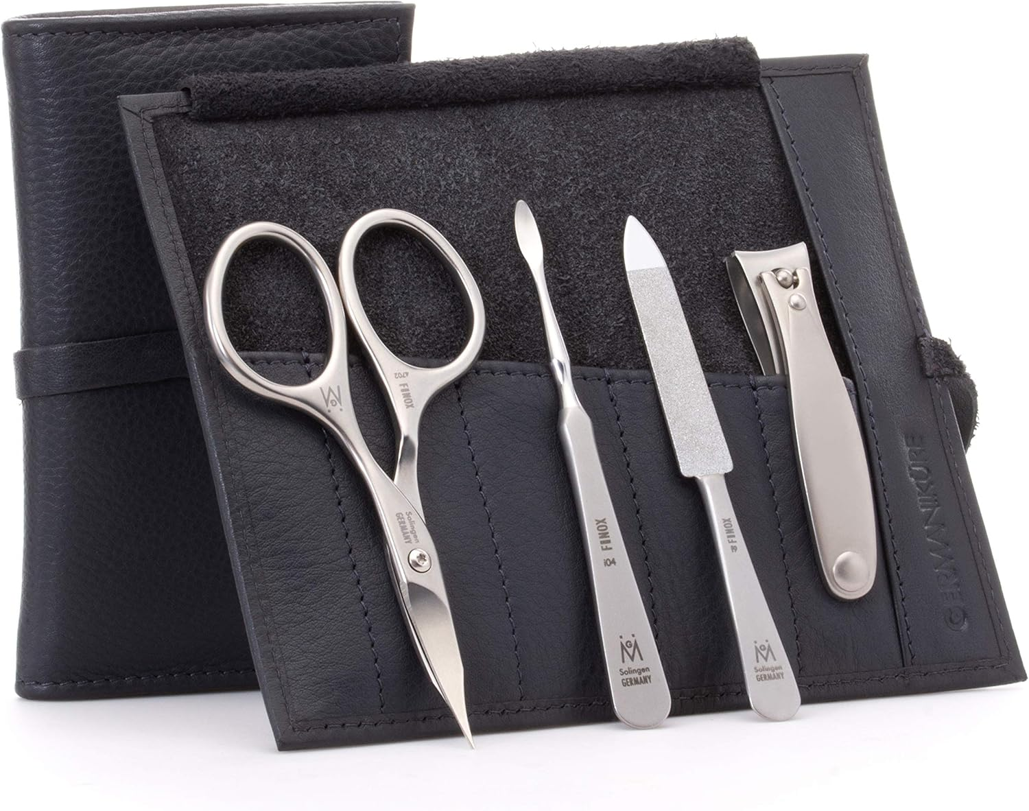 GERMANIKURE 4Pc Manicure Set in Black Leather Case - Made in Solingen Germany, FINOX Stainless Steel Tools &ndash; Professional Quality Compact Nail Grooming Kit