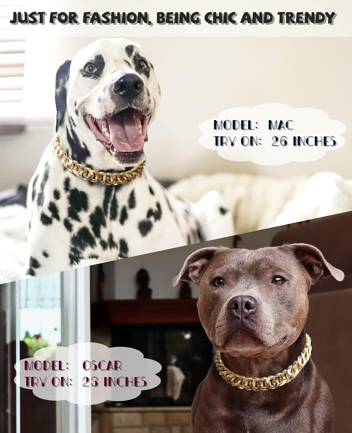 Gold Chain Dog Collar-3/4 Width Cuban Link Dog Necklace, Cute Fashion Pet Collar for Pit Bulldog, Light Metal Jewelry Chain Puppy Accessories 20" image number 2