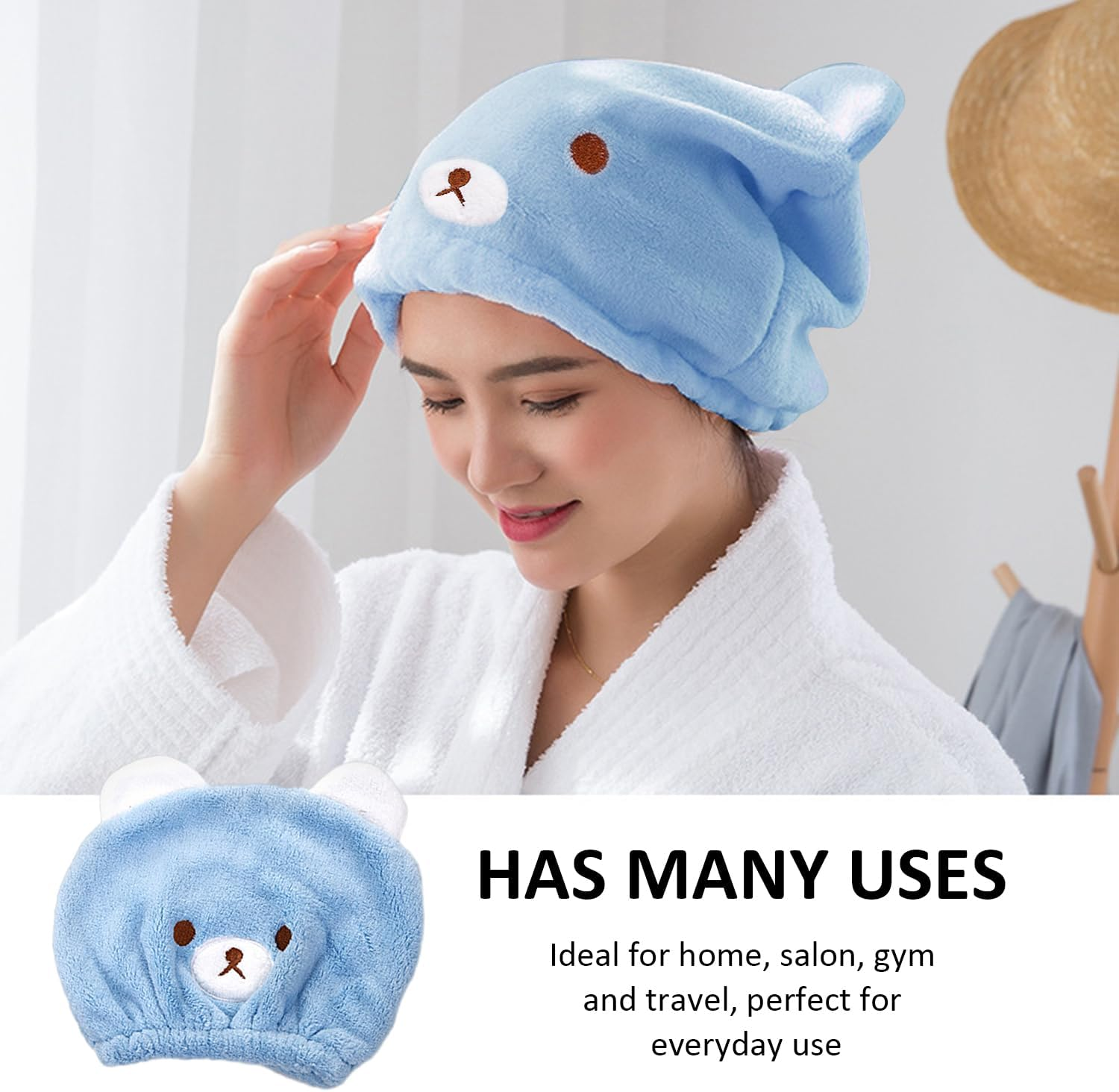 Nyxseat Pack of 2 Bear Dry Caps, Dry Turban, Fast Absorbing Turban, Shortening Blow Drying Time, Suitable for Showering, Makeup and Facial Care (Blue, Pink) image number 1