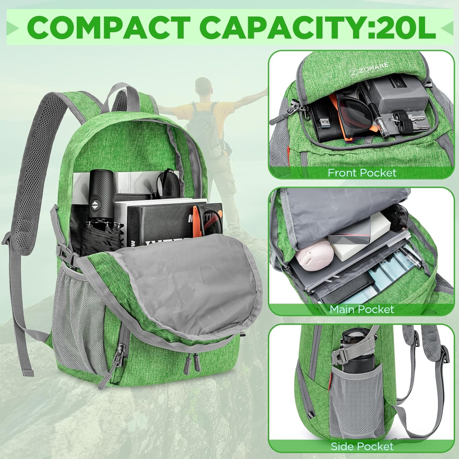 ZOMAKE Foldable Travel Daypack 25L - Lightweight Small Hiking Backpack Tear Resistant for Camping Outdoor Sports image number 4