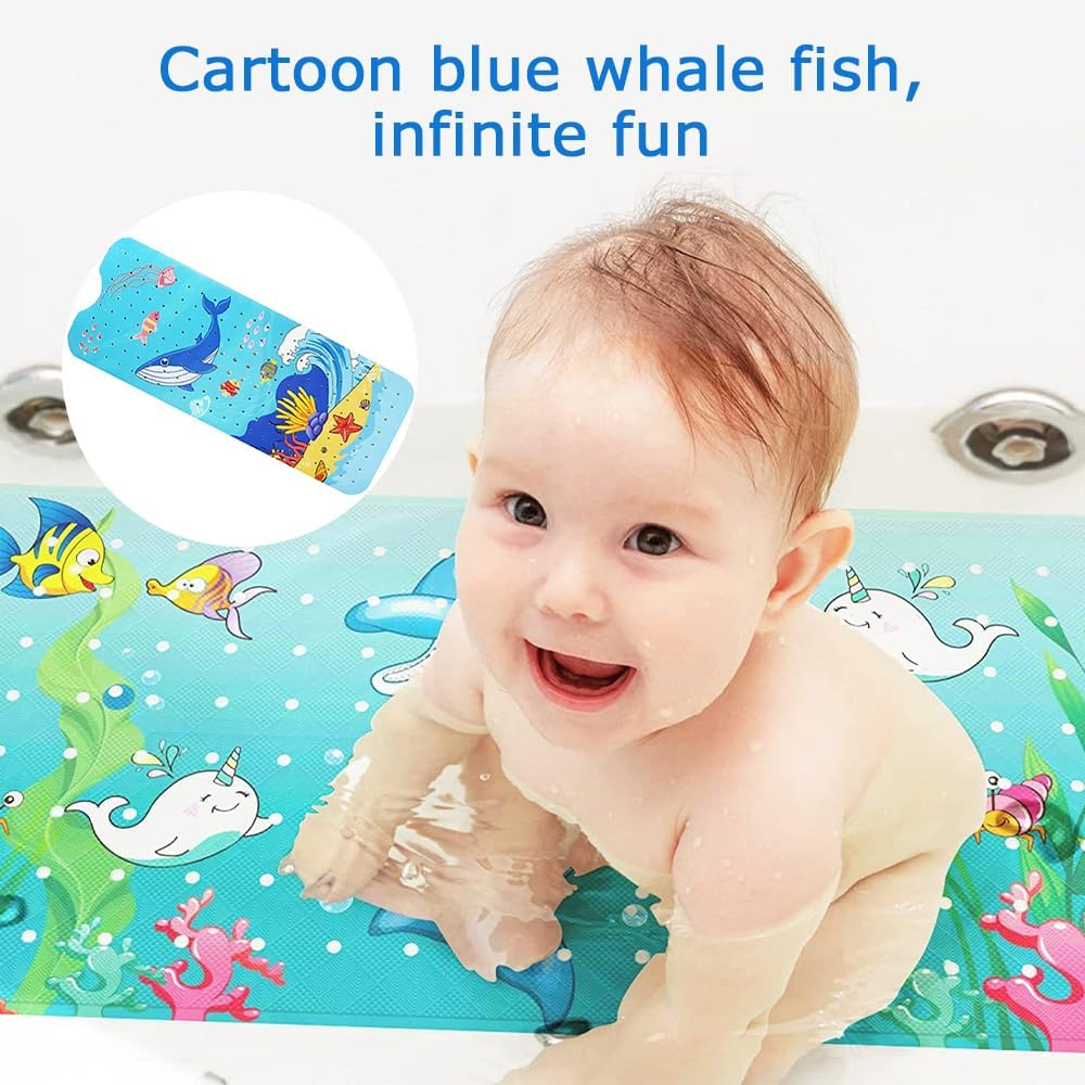 Bath Mat, Cartoon Non-Slip Bathtub Mat with Suction Cup Drain Holes, Bath Shower Mat Massage Mat Floor Tub Mats Machine Washable for Bathroom 100X40Cm(Blue Whale) image number 1