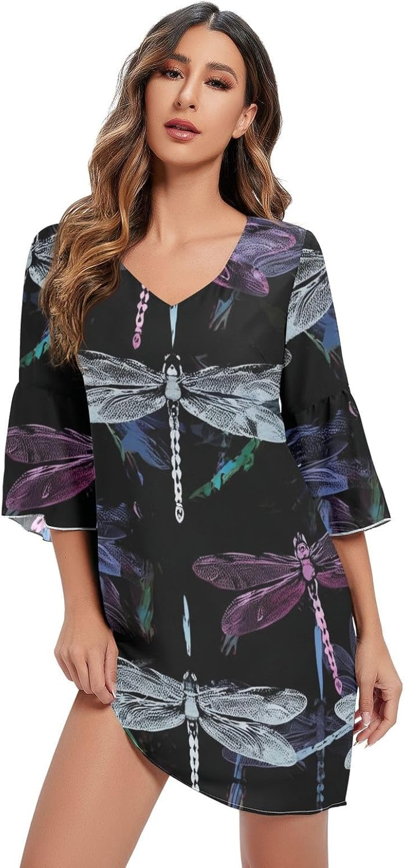 Dragon Fly Black Casual V Neck Dress Printed Line Maternity Dress S-XXL image number 4