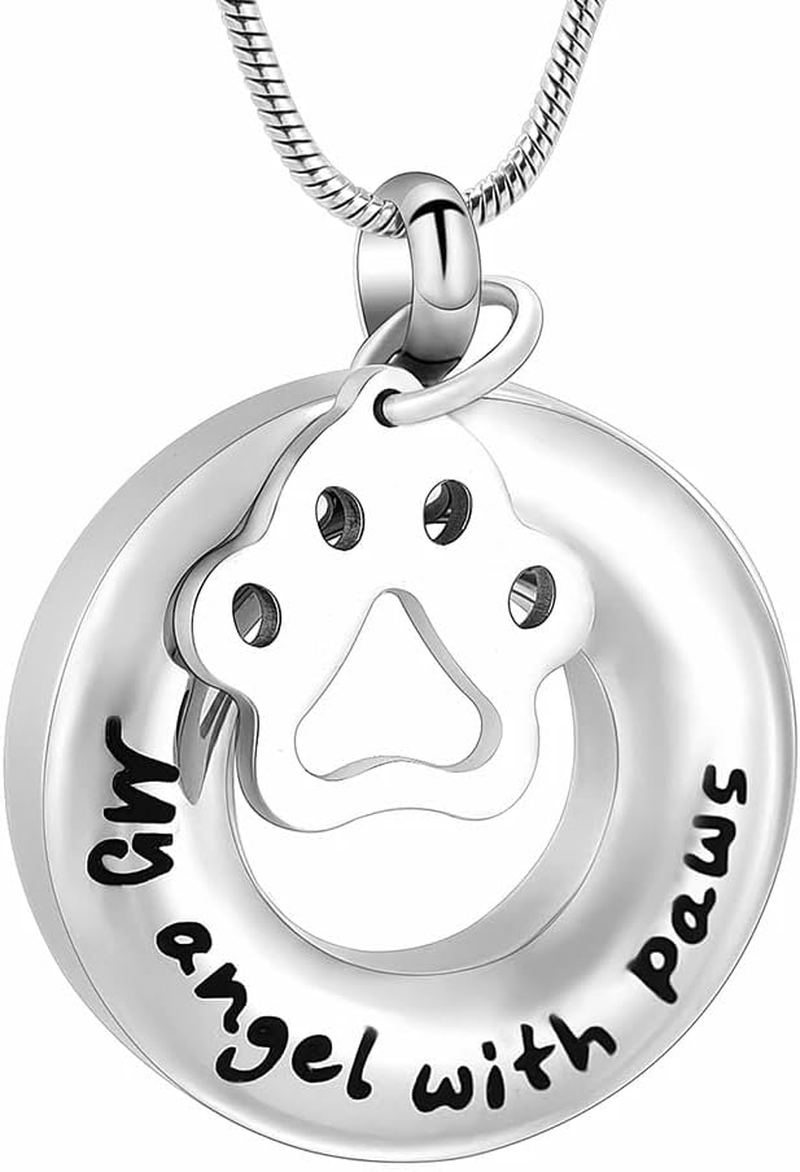 DOTUIARG My Angel with Paws Keepsake Necklace Hold Dog Paw Charm Circle Stainless Steel Cremation Jewelry Urn Memorial Pendant for Ashes