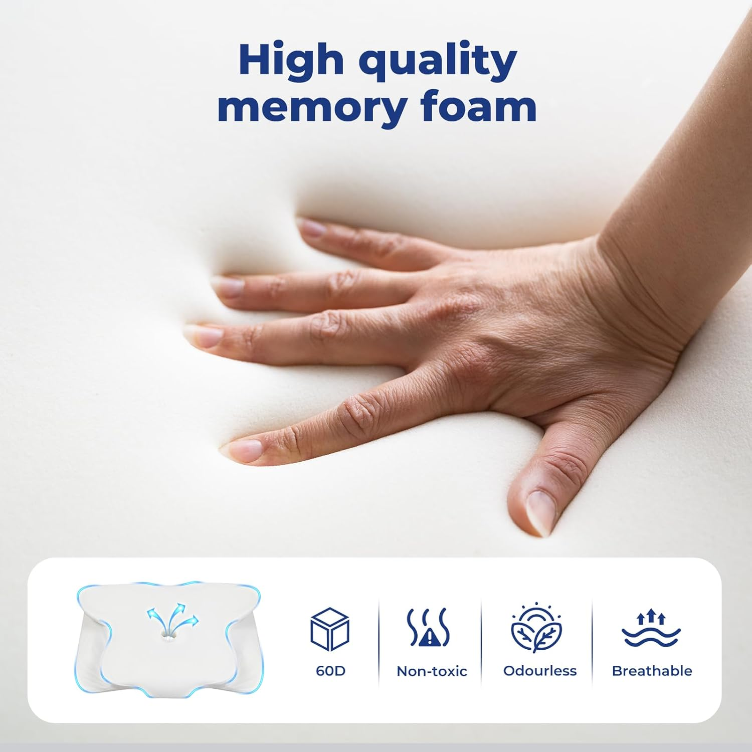 Dreamz Memory Foam Pillow Neck Shoulder Arm Support Cervical Pain Ergonomic Side, Stomach & Back Sleeper Sleeping Bedding, Two Different Height, Removable Pillow Case Comfortable image number 3