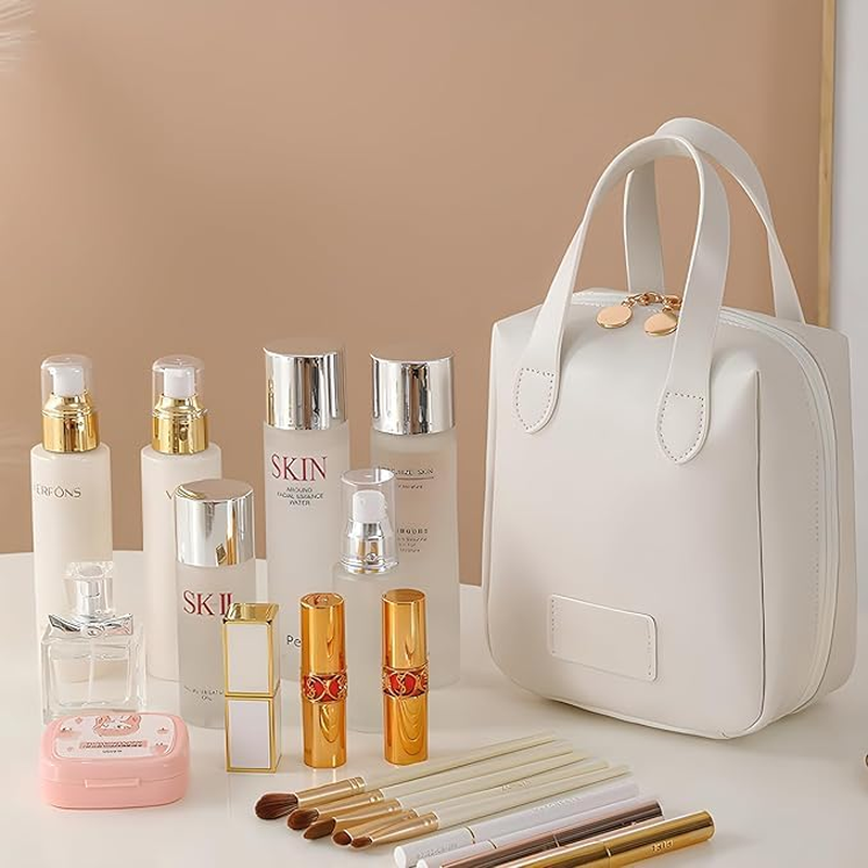 Travel Makeup Bag,Large Capacity Cosmetic Bags for Women,Waterproof Portable Pouch Open Flat Toiletry Bag Make up Organizer with Divider and Handle for Women and Girls Gifts (White)