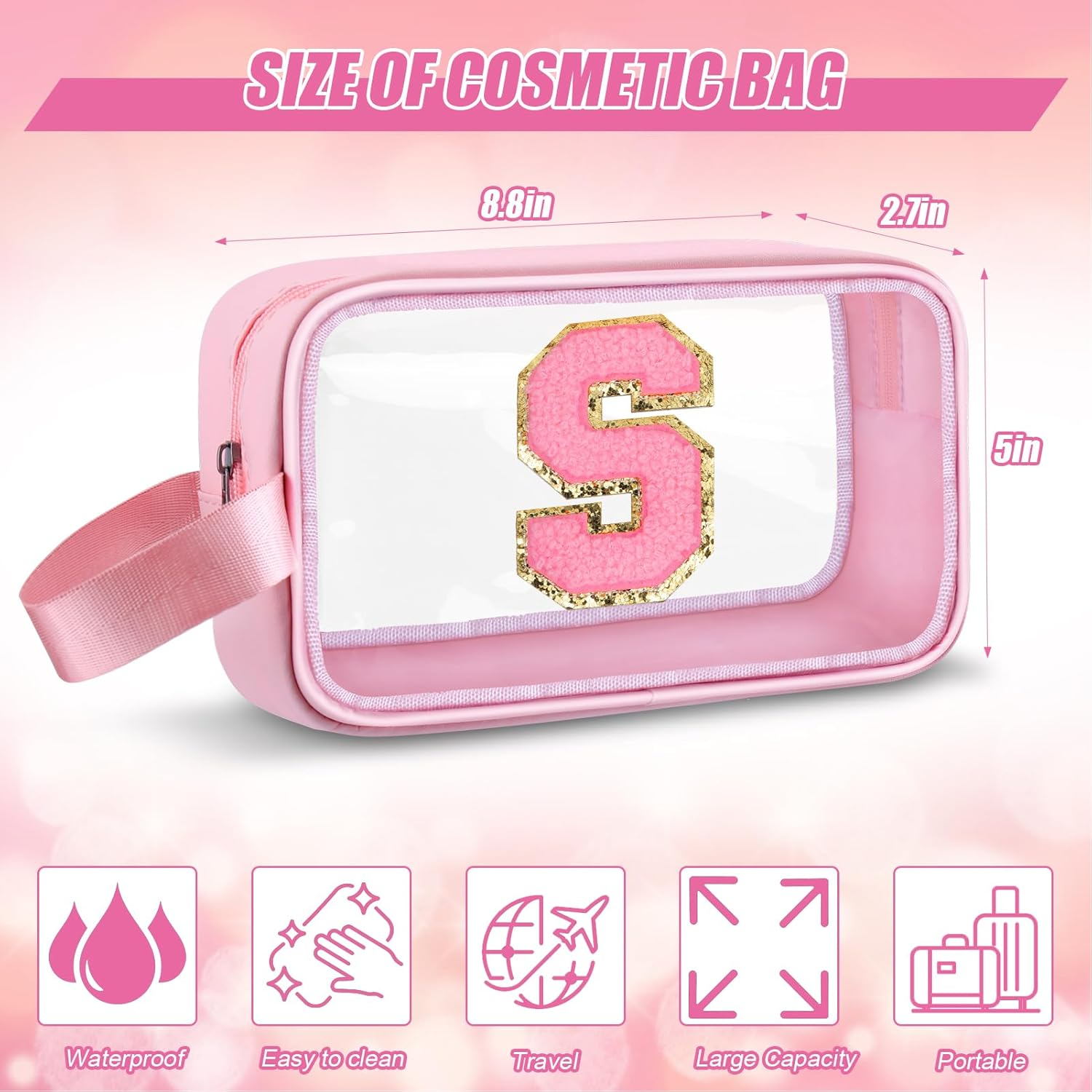 Vodolo Initial Makeup Bag,Letter Cute Clear Monogrammed Cosmetic Travel Bag for Womens Girls,Personalized Pink Aesthetic Traveling Make up Organizer Bag for Beach,Waterproof Toiletry Bag, Pink, S image number 4