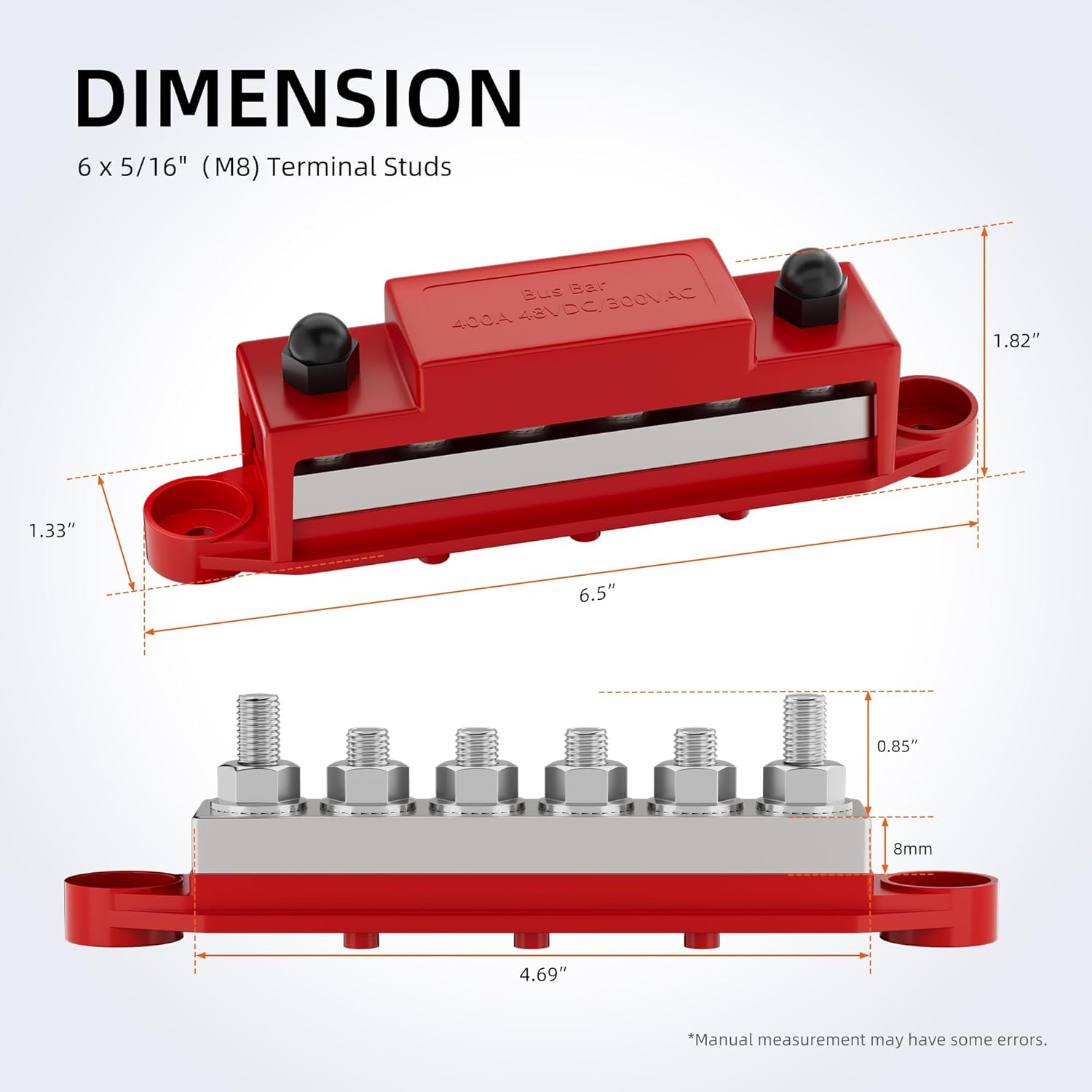 400A Bus Bar 12V Power Distribution Block 6 X 5/16" (M8) Terminal Studs 12 Volt Marine Bus Bar Positive & Negative for Boat Automotive Solar System image number 3
