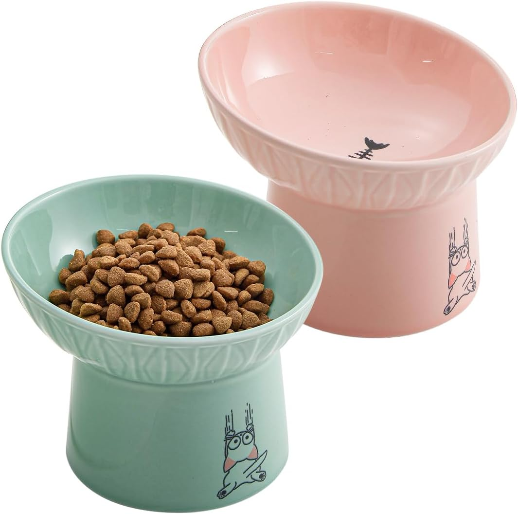 OMAYKEY Extra Wide Raised Cat Bowls, 6.5 Inch Wide Ceramic Tilted Elevated Cat Bowl, Prevent Neck & Whisker Fatigue, anti Vomit for Cats Puppies, Dishwasher and Microwave Safe, 2 Pack