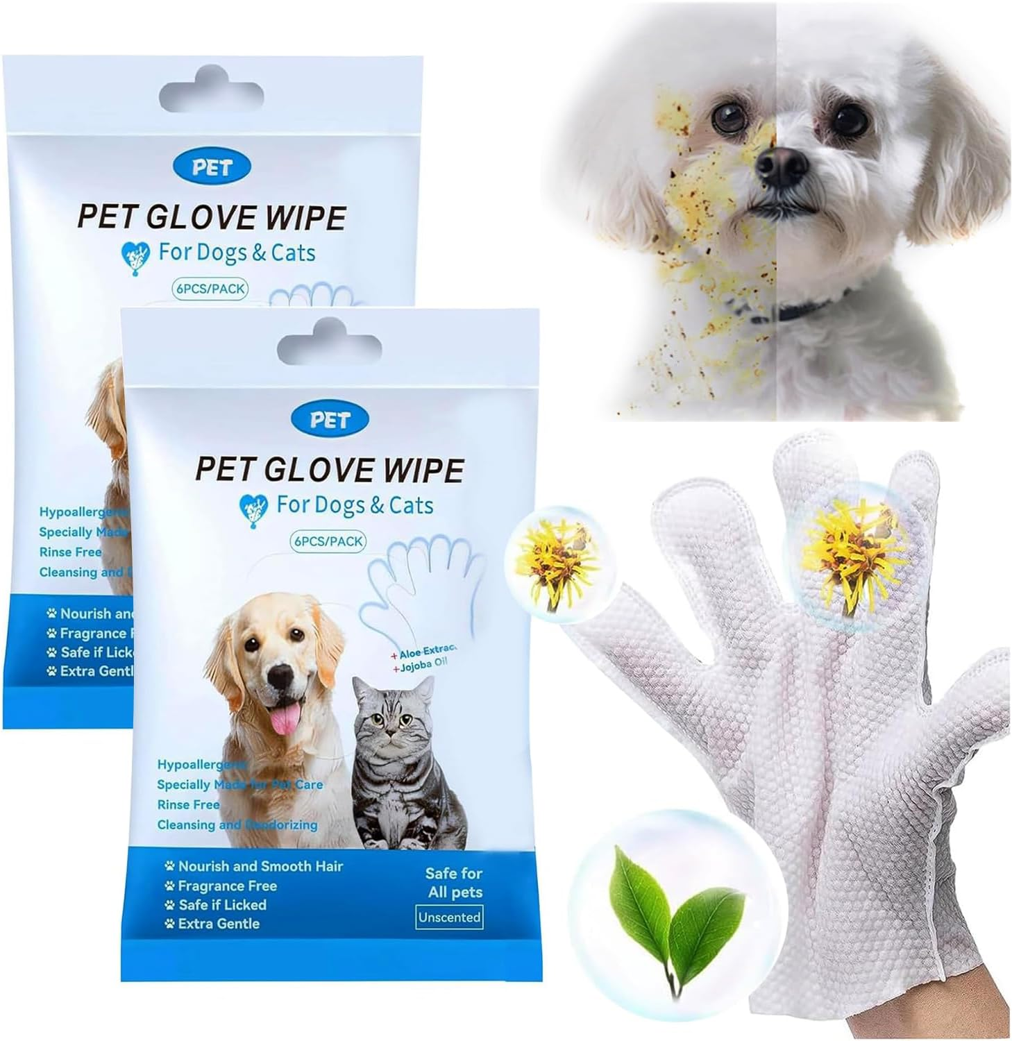 Mumoo Bear 18PCS/3PACK Cleaning Wipes Gloves for Dog and Cat,Pet Bathing Wipes Cleaning & Deodorizing,Dog Wipes for Body Paws Butt Daily Care,Cat Grooming Wipes Cleaning Fur Traveling Rinse Free