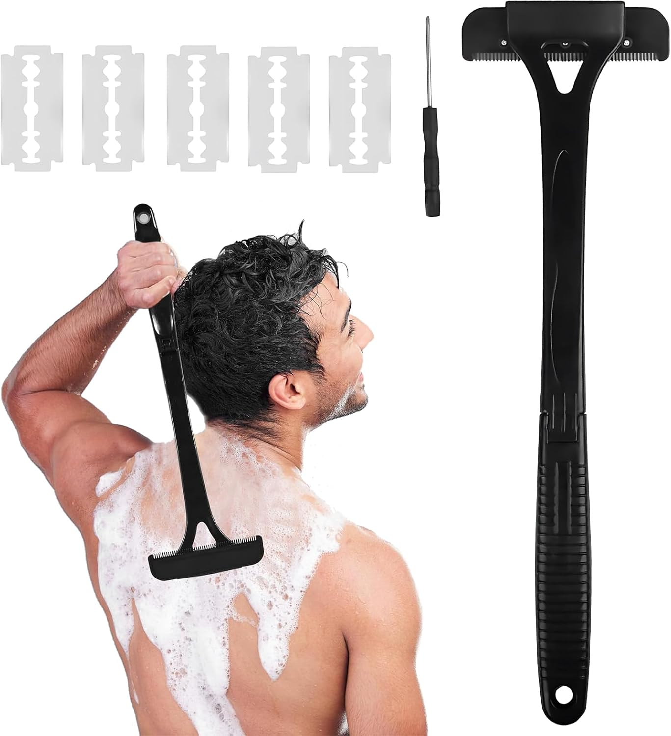 Men'S Back Razor with 5 Blades, Foldable Body Razor for Back Shaving, Ergonomic Handle, Wet & Dry Use, Removable Razor for Effective Shaving, Body Hair Trimmer for Men image number 4