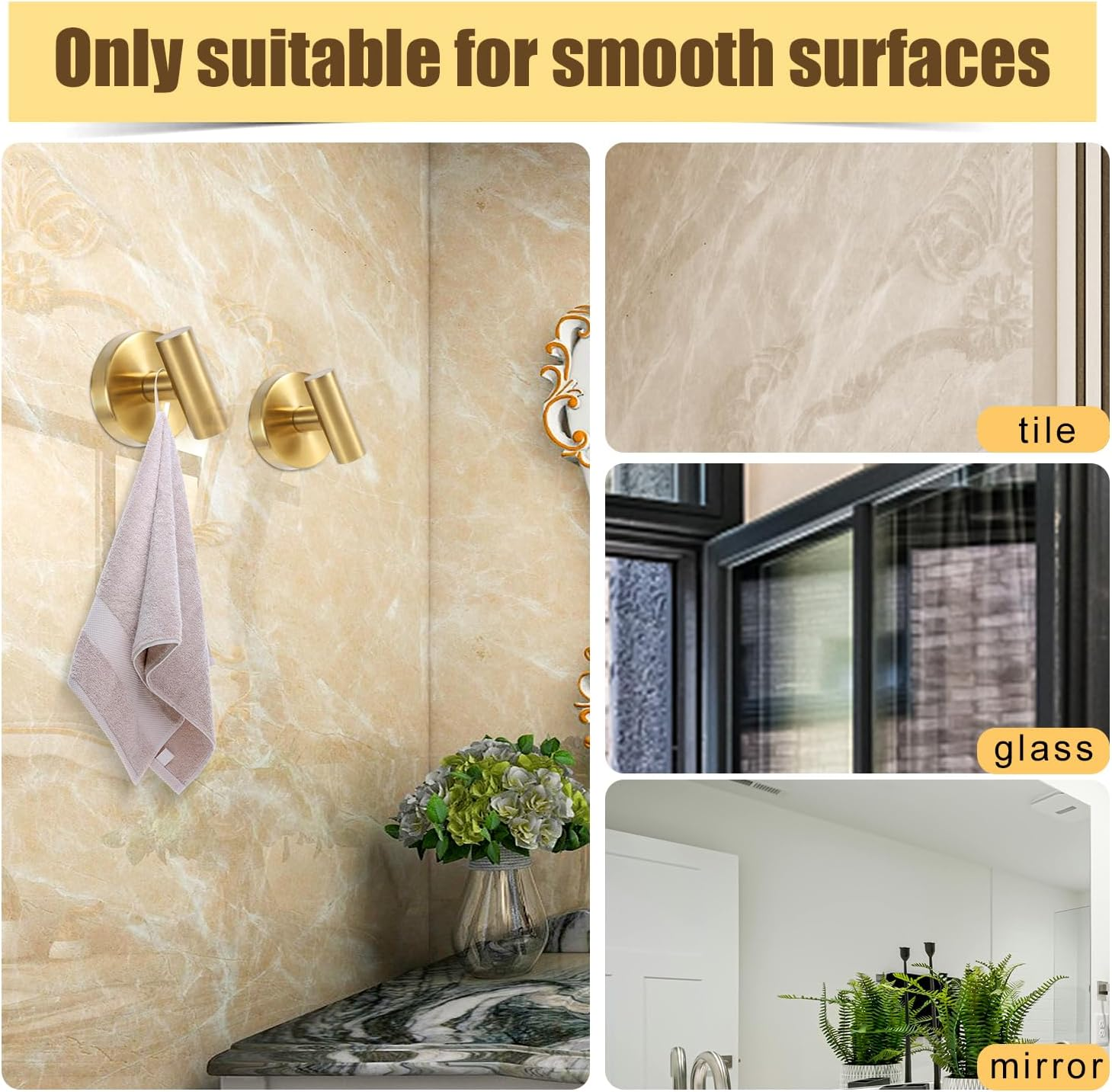 2Pcs Suction Cup Hooks for Shower, Stainless Steel Bathroom Hooks for Towels Suction Holder Kitchen Towel Hanger Bathroom Shower Hook for Glass Mirror Window Wall Robe Clothes Wreath (Gold)