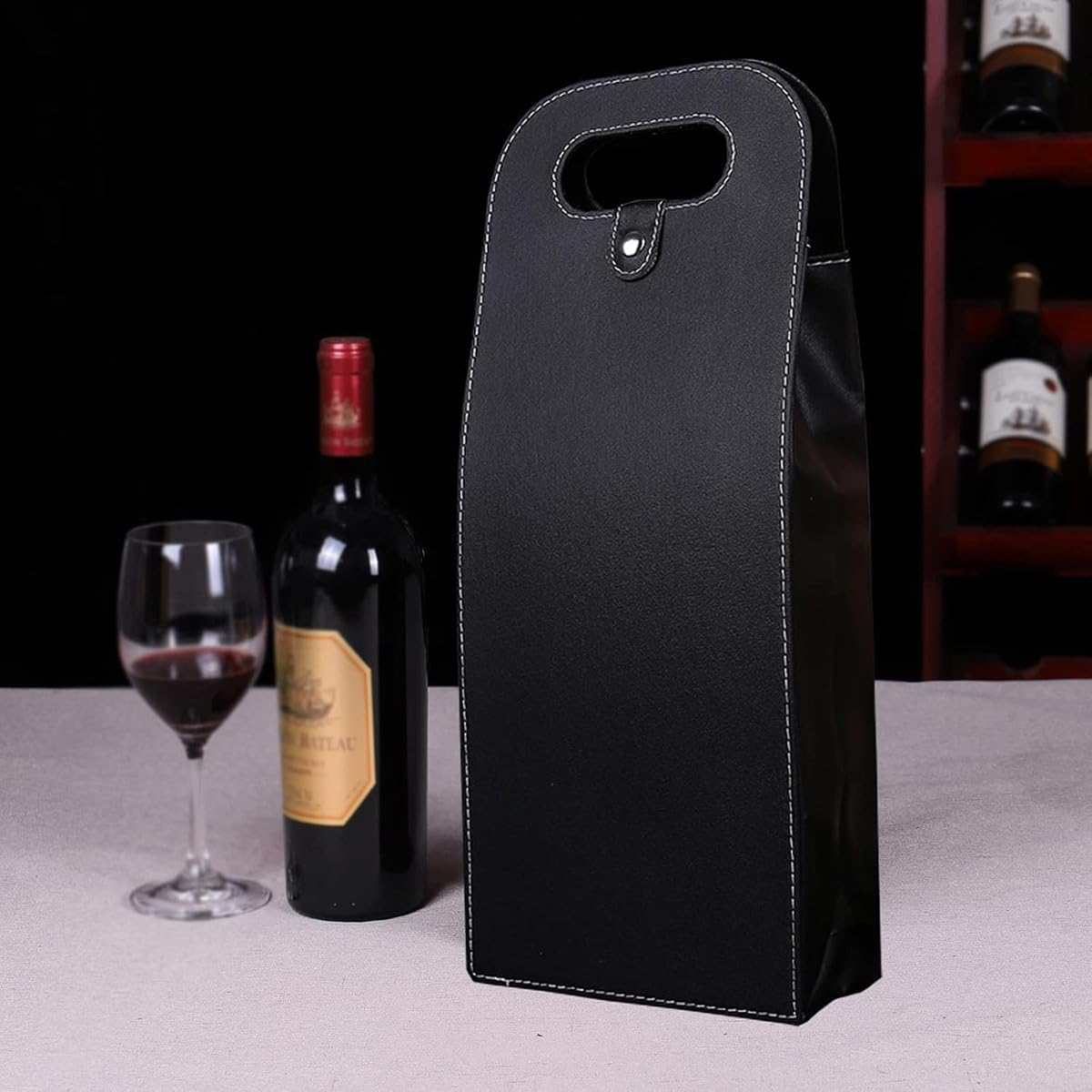 AIMALL PU Leather Wine Tote Bag Single/Double Bottle Foldable Portable for Picnic, Party, and Outdoor Use, Practical Handle, Metal Buckle Closure, 750Ml Capacity - Black-Single image number 3