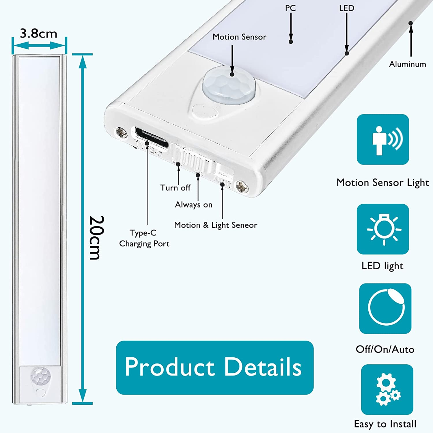 Closet Lights, under Cabinet Lighting, 31-LED 6000K Wireless USB Rechargeable Motion Sensor Night Light Bars with Battery Operated for Wardrobe/Stairs/Hallway/Camping/Kitchen (Silver, 20Cm-3Pc) image number 3