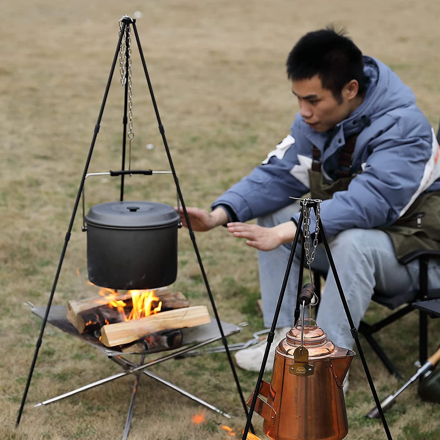 CAMPINGMOON Camping Campfire Tripod with Carrying Bag Portable Lightweight Aluminum 41.3-Inch Height Stainless Steel Chain image number 5