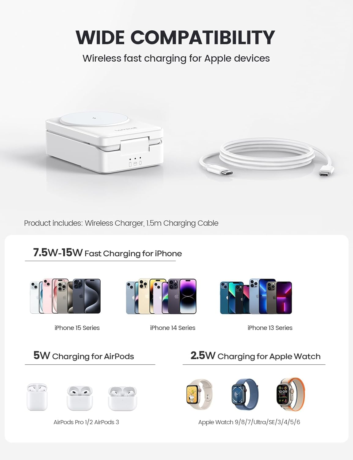 Lamicall 3 in 1 Charging Station for Apple - Foldable Wireless Charger Stand for Mag Safe Portable, Ravel Station for Multiple Devices for Iphone 17 Pro Max Air, 16, 15, 14, 13, Apple Watch, Airpods - White image number 4